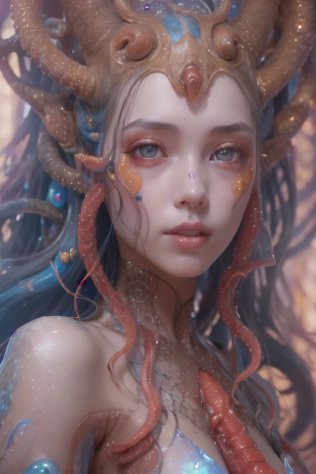 Portrait, (1 beautiful female alien:1.2), ((There is a female genital-like organ in the middle of the forehead:1.9)), (The most beautiful face in the history of the universe:1.2), (Scarlet eyes that shine mysteriously:1.6), (Translucent skin:1.8), an evil gaze that seduces, (red eyes:1.5), (large mouth:1.1), sharp teeth like a shark, Full body like, (bio luminescent:1.2), (Smile wickedly:1.3), (sexypose:1.5), alien, No humans, cells are fused, (Lots of translucent tentacles:1.1) (Translucent skin:1.3), extraterrestrial, cell, bio image, Best Quality, 8K,4K_quality, High Definition, Dramatic Lighting, masutepiece:1.5,cinematic quality, detail up, (Intricate details:1.2), High resolution, High Definition, drawing faithfully, (Thick eyebrows:1.2), Beautiful eyes with fine symmetry, (Ultra detailed eyes:1.2),(Highly detailed face and eyes:1.2), (High-resolution red-eye:1.4), Intimate face, (Super detailed skin quality feeling:1.4), Perfect Anatomy, (Beautiful toned body:1.5), (Moist skin:1.2), No makeup, (dark circles:1.1), long canines, cinematic drawing of characters, ultra high quality model, cinematic quality, detail up, (Intricate details:1.2), High resolution, High Definition, drawing faithfully, Official art, Unity 8K wall , 8K Portrait, Best Quality, Very High resolution, ultra detailed artistic photography, midnight aura, unreal enginee 5, Ultra Sharp Focus, art by alberto seveso, ArtGerm, Roisch, intricate artwork, best quality, masutepiece, ultra High resolution, (photos realistic:1.4), Ultra-realistic realism, dream-like, nautilus, Creation of fantasy, Snail, Dream Snail, (biopunk nautilus:1.3), Thrilling color schemes, Ultra-realistic realism, seductively smiling, Blue tentacles, Creatures that mimic humans
