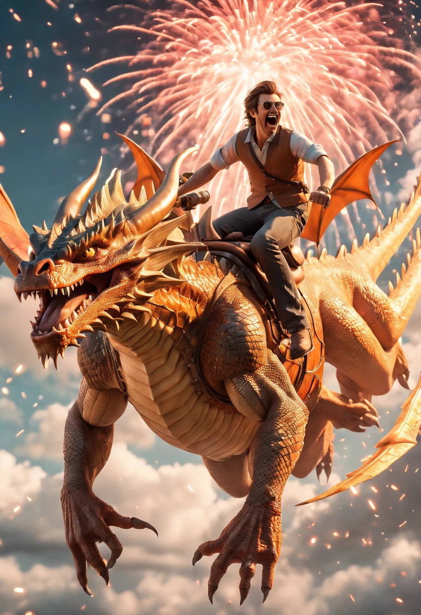 masterpiece, best quality, (highretremely detailed CG, (incredibly absurdres), (man ride a Dragon flying sky), action shot, happy, (background is fireworks sky)