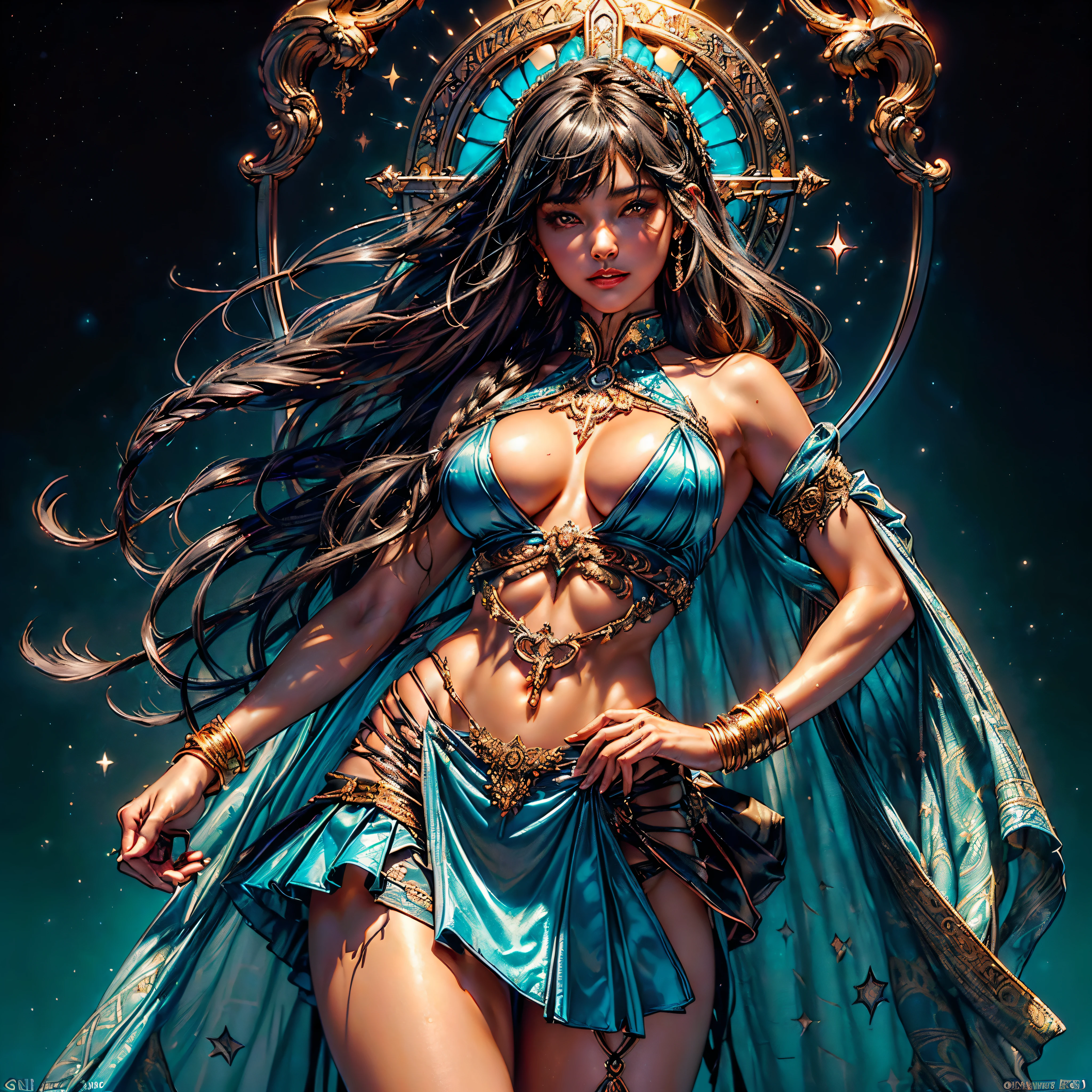 ((Best quality)), ((masterpiece)), (detailed: 1.4), (Absurd), muscular woman of 35 years, black kinetic skin with (((exposed black muscles)))), hot woman, sculptural body with defined muscles, closed mouth, muscular body covered by a micro thong, whole body covered by Genesis evangelion neon style clothing, (((large breasts)), (eyes with heavy and very black makeup), (((unkempt hair)), (stars covering the body), ((drawings of golden stars on the arms)), very long eyelashes, heavy eye makeup, lots of jewelry, by mucha, niji, close to real, psychopath, crazy face, sexy pose, 2 piece clothes, pastel, centered, scale to fit the dimensions unrealengine5 ultra Cinamatic ultra_high-def Masterpiece deep path church equirectangular ultra_high-res meticulously intricate analogique ultra_photo-realistic ultra_high-quality ultra_high-details optimal accurate cgi vfx sfx reflex 3dcg max color-coded extreme improved Octane_rendered UHD XT3 DSLR HDR romm rgb pbr 3dcg fxaa blay fkaa txaa rtx ssao enhanced ultra_sharpness Will-o'-the-wisp tatoo ❤(((athletic Diva angel😘Native dreads african tanmed skin👩obvious agate perfect divine ecstatic cheekbones effects reddened embarrassed lazuli gorgeoight Eyes, Bright Eyes) ultra beautiful_Eyes Brown iris Black Pupils Turquoise Sapphires Open Mouth Teeth Smile tongue wet howling 🎀👗⚜👒pilot Jacket Floating fringe Pearls Eccentric Cape Levitating Shoulders-Off chemise blanches dentelles clavicules papillotes reveal tiny breasts erected sideboob felt satin orange corsait yellow spinel thick leather skirt silk assortie amples navel revealing heart belt_chastity crux diamond cadena pubic scarlet pubis-hairy obvious indigo Size silver adorned padlock Gold thighs legs garters Gothic👡inox))) naked nsfw varied multi etc. zentangle tangle mandala entangle --v 5.2 --s 1000 --c 20 --q 20 --chaos 100