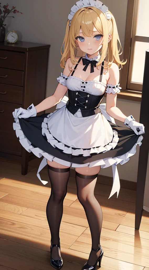 lewd, thighs, bedroom background, maid outfit, maid apron, blonde medium hair, mini skirt, high heels, black stockings,gloves, 1girl, blue eyes, absurdres, masterpiece, looking at viewer, small breasts, standing, wide shot, bare shoulders, bikini