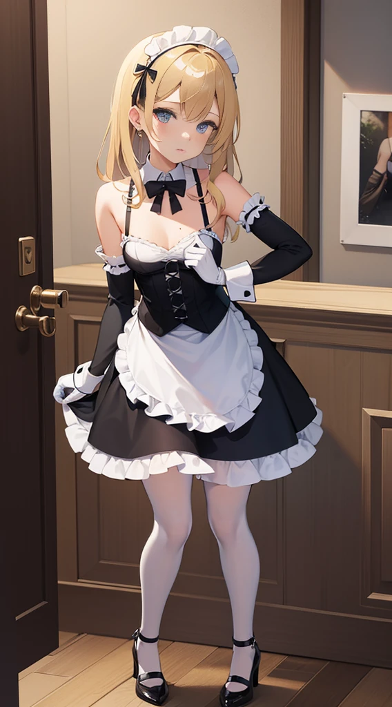 lewd, thighs, bedroom background, maid outfit, maid apron, blonde medium hair, mini skirt, high heels, black stockings,gloves, 1girl, blue eyes, absurdres, masterpiece, looking at viewer, small breasts, standing, wide shot, bare shoulders, bikini