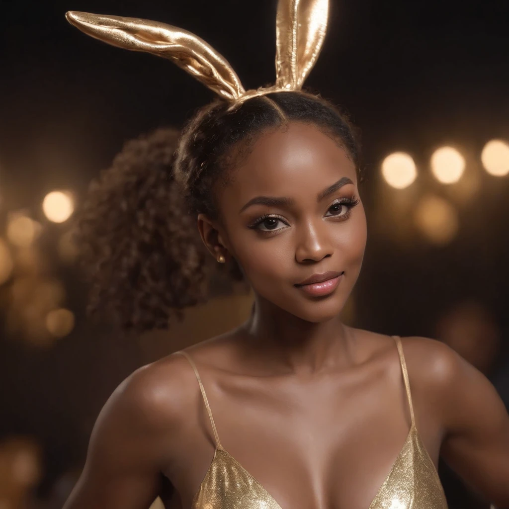 ((Dark African skin, Very deep ebony skin)), ((Its beauty undeniable)), ((Excited cute face)), ((Hyper detailed perfect eyes,)), ((pose mignonne)), ((Langue sortie)), ((Seductive )), sexy, ((one piece golden swimsuit)), ((traditional gold bunny suit)), ((bunny ears, bow tie)), ((bare shoulders, strapleslushinascara, smokey eye makeup, lipstick)), ((Afro ponytail with long African curly hair,)), (( peau)), ((front view)), ((full body)), ((confident pose)), ((oiled skin)), ((The Hague, modelling, black background)), ((bunny ears)), Sharp Focus CGI, photoreallistic, High detail, Realstic, Masterpiece, absurdes, Best quality, Hdr, High quality, high-definition, Extremely detailed, 8k wallpaper, Intricate details, 8K UHD, Full-HD, (photo realist:1.2), contraste, intense illumination, lighting cinematic, natural lighting, veilleuse, Nuit, Illumination globale, Laughing out loud, a la piscine African women、Female sexy, the hague