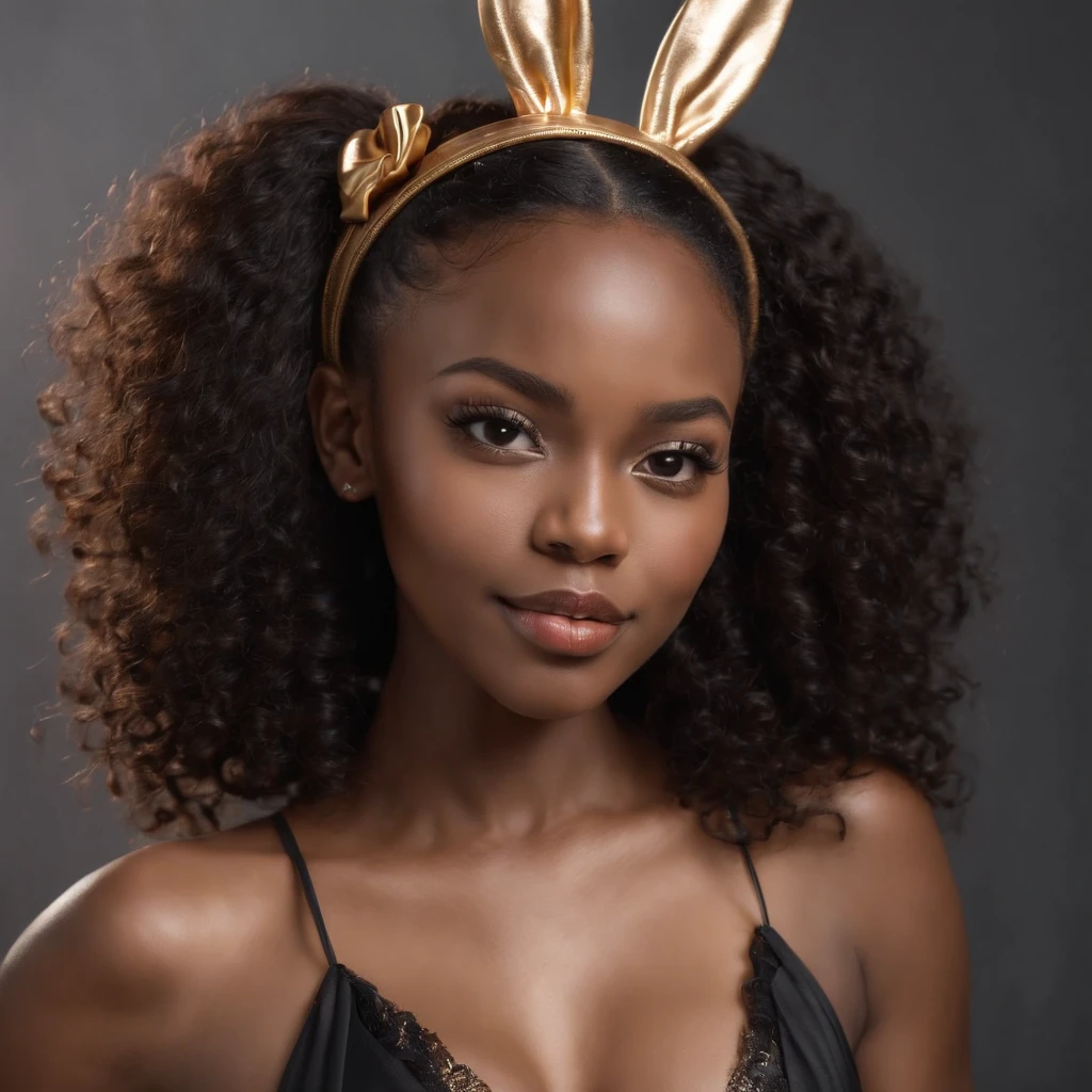 ((Dark African skin, Very deep ebony skin)), ((Its beauty undeniable)), ((Excited cute face)), ((Hyper detailed perfect eyes,)), ((pose mignonne)), ((Langue sortie)), ((Seductive )), sexy, ((one piece golden swimsuit)), ((traditional gold bunny suit)), ((bunny ears, bow tie)), ((bare shoulders, strapleslushinascara, smokey eye makeup, lipstick)), ((Afro ponytail with long African curly hair,)), (( peau)), ((front view)), ((full body)), ((confident pose)), ((oiled skin)), ((The Hague, modelling, black background)), ((bunny ears)), Sharp Focus CGI, photoreallistic, High detail, Realstic, Masterpiece, absurdes, Best quality, Hdr, High quality, high-definition, Extremely detailed, 8k wallpaper, Intricate details, 8K UHD, Full-HD, (photo realist:1.2), contraste, intense illumination, lighting cinematic, natural lighting, veilleuse, Nuit, Illumination globale, Laughing out loud, a la piscine African women、Female sexy, the hague