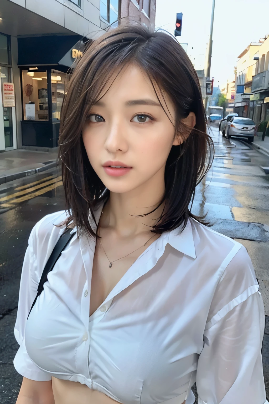 ((Best Quality, 8K, Masterpiece: 1.3)), Sharp: 1.2, Perfect Body Beauty: 1.4, Slim Abs: 1.2, ((Layered Hairstyle, Big Breasts: 1.2)), (Wet White Button Long Shirt: 1.1), (Rain, Street: 1.2), Wet: 1.5, Highly detailed face and skin texture, detailed eyes, double eyelids, side face looking at the camera