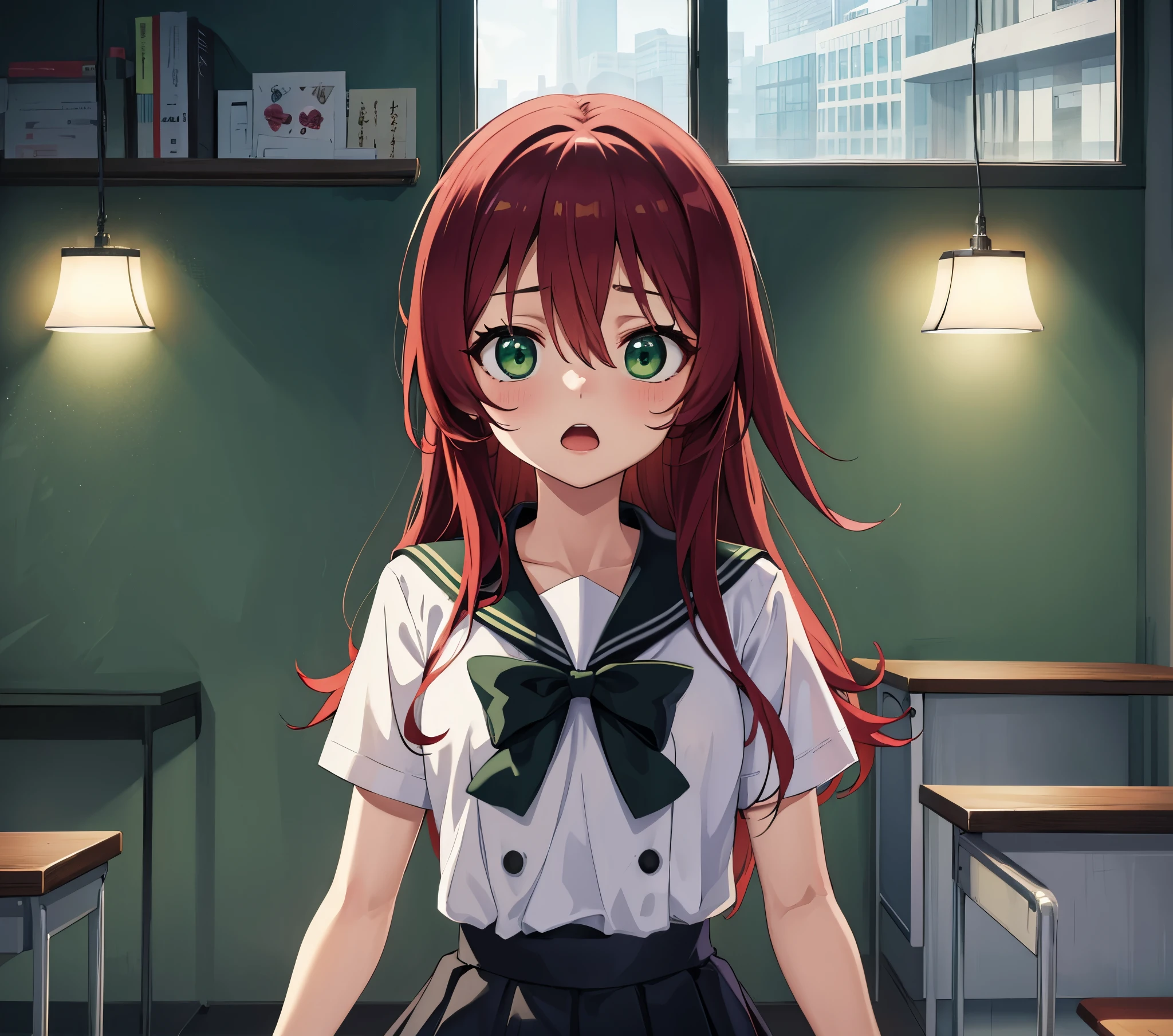 kitaikuyo, ikuyo kita, (green eyes:1.5), hair between eyes, long hair, one side up, red hair, (flat chest:1.2),
BREAK black footwear, black skirt, grey sailor collar, pleated skirt, sailor collar, school uniform, shoes, short sleeves, shuka high school uniform, skirt,,
BREAK looking at viewer,
BREAK indoors, classroom,
BREAK (masterpiece:1.2), best quality, high resolution, unity 8k wallpaper, (illustration:0.8), (beautiful detailed eyes:1.6), extremely detailed face, perfect lighting, extremely detailed CG, (perfect hands, perfect anatomy),up chest.Sad face.open mouth.big breasts.(((eyes highlight off))).