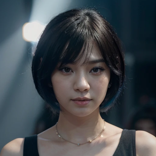 pale skin asian woman, cabello corte pixie largo, color de cabello azul oscuro, ojos negros, vestimenta de idol de kpop, cantando de espaldas en un concierto con mucha gente