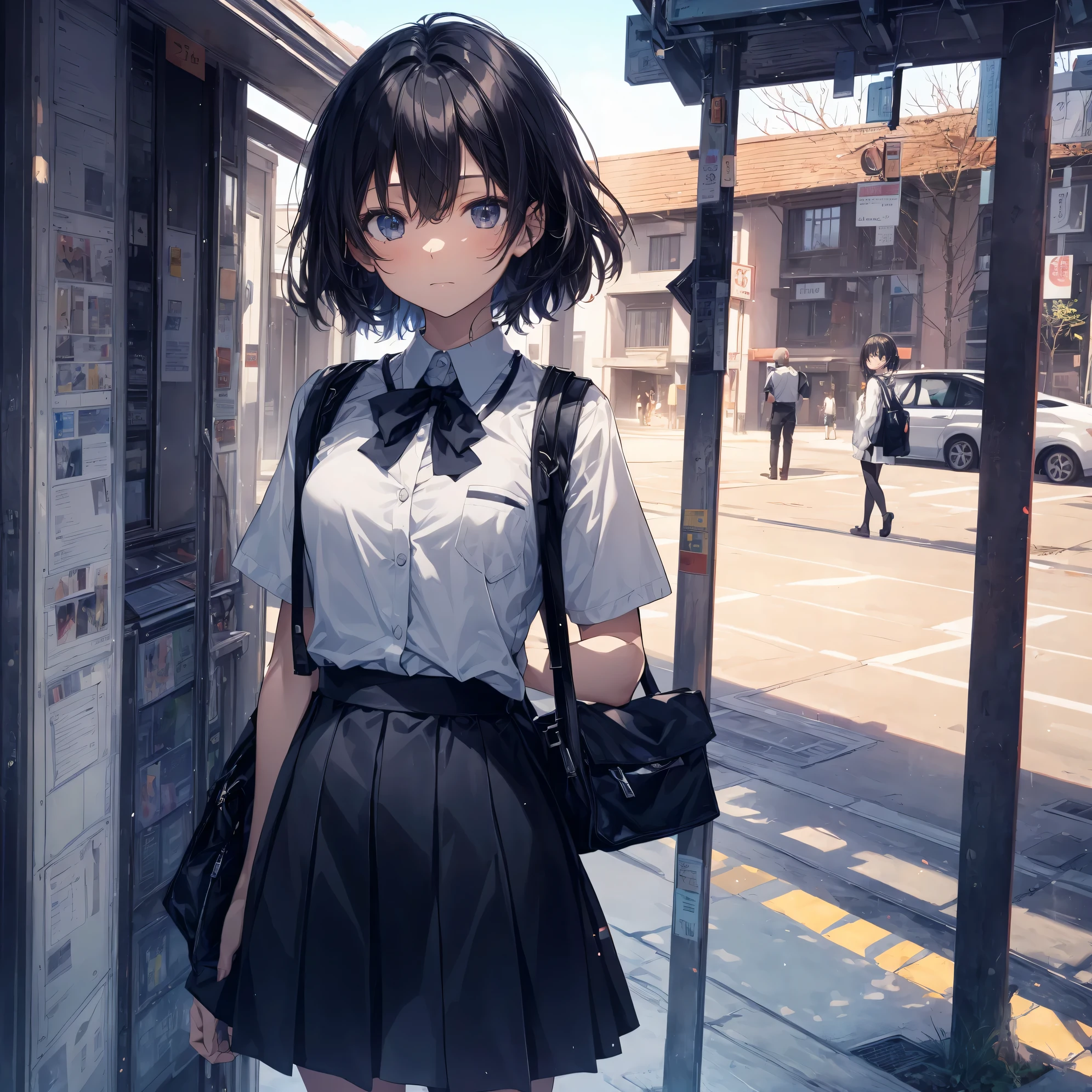 Super high quality by the art god, Ultra-detailed, High resolution, Shinkai Makoto style, anime moe art style, best anime 8K konachan wallpaper, Pixiv Contest Winner, Perfect Anatomy, BREAK,(Please draw a sleepy girl going to school alone.. ),BREAK, a hyperrealistic schoolgirl, (Solo,Lori,child,13years:1.3),Full limbs, complete fingers,a junior high school student, Androgynous attraction, (extra very short hair), hair messy, flat and soft chest, Small butt, groin, Small eyes,Beautiful detailed black eyes, Well-proportioned iris and pupils, disgusted eye, High resolution detailed hair, School uniform, Skirt, On the way to school. BREAK,Ultra-detailed細なスキン, Best lighting by famous artists, 8K, Illustration,
