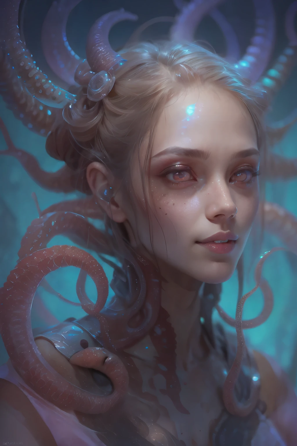 Portrait, (beautiful female alien:1.2),  (she has red eyes with no pupils:1.8), (Translucent skin:1.7),  (There is a female genital-like organ in the middle of the forehead:1.9), (The most beautiful face in the history of the universe:1.2),an evil gaze that seduces, (large mouth:1.1), (sharp teeth like a vampire:1.2), Full body like, (bio luminescent:1.5), (Smile wickedly:1.3),  (sexypose:1.5), alien, No humans, cells are fused, (Lots of translucent tentacles:1.3) extraterrestrial, cell, bio image, Best Quality, 8K,4K_quality, High Definition, Dramatic Lighting, masutepiece:1.5,cinematic quality, detail up, (Intricate details:1.2), High resolution, High Definition, drawing faithfully, (Thick eyebrows:1.2), Beautiful eyes with fine symmetry,(Highly detailed face and eyes:1.2), Intimate face, (Super detailed skin quality feeling:1.4), Perfect Anatomy,  (Beautiful toned body:1.5),  (Moist skin:1.2), No makeup, (dark circles:1.1), long canines, cinematic drawing of characters, ultra high quality model, cinematic quality, detail up, (Intricate details:1.2), High resolution, High Definition, drawing faithfully, Official art, Unity 8K wall  , 8K Portrait, Best Quality, Very High resolution, ultra detailed artistic photography, midnight aura,  unreal enginee 5, Ultra Sharp Focus, art by alberto seveso, ArtGerm, Roisch, intricate artwork, best quality, masutepiece, ultra High resolution, (photos realistic:1.4), Ultra-realistic realism, dream-like,  nautilus, Creation of fantasy, Snail, Dream Snail,  biopunk nautilus, Thrilling color schemes， Ultra-realistic realism， seductively smiling, Blue tentacles,