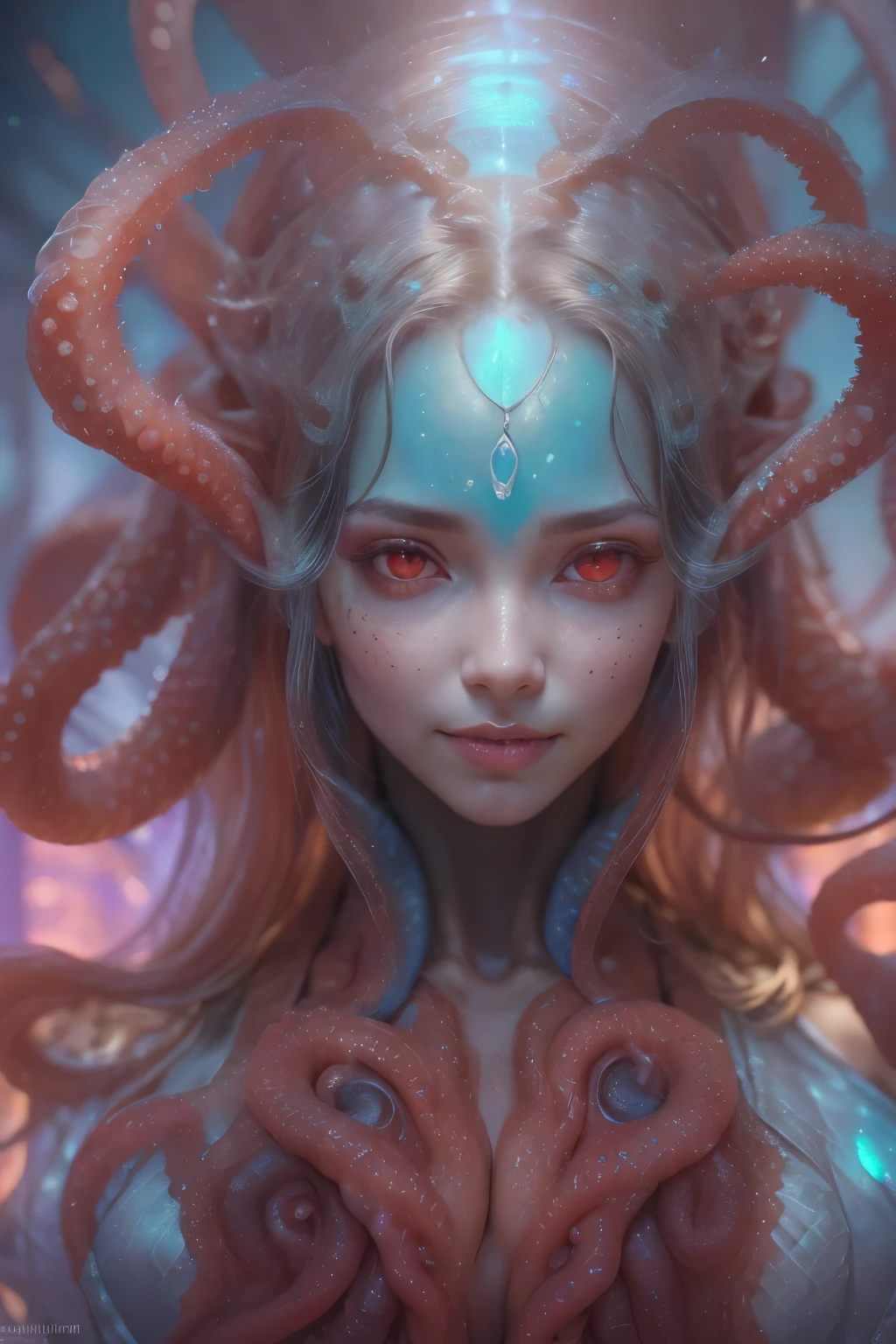Portrait, (beautiful female alien:1.2), (she has red eyes with no pupils:1.8), (Translucent skin:1.7), (There is a female genital-like organ in the middle of the forehead:1.9), (The most beautiful face in the history of the universe:1.2),an evil gaze that seduces, (large mouth:1.1), (sharp teeth like a vampire:1.2), Full body like, (bio luminescent:1.5), (Smile wickedly:1.3), (sexypose:1.5), alien, No humans, cells are fused, (Lots of translucent tentacles:1.3) extraterrestrial, cell, bio image, Best Quality, 8K,4K_quality, High Definition, Dramatic Lighting, masutepiece:1.5,cinematic quality, detail up, (Intricate details:1.2), High resolution, High Definition, drawing faithfully, (Thick eyebrows:1.2), Beautiful eyes with fine symmetry,(Highly detailed face and eyes:1.2), Intimate face, (Super detailed skin quality feeling:1.4), Perfect Anatomy, (Beautiful toned body:1.5), (Moist skin:1.2), No makeup, (dark circles:1.1), long canines, cinematic drawing of characters, ultra high quality model, cinematic quality, detail up, (Intricate details:1.2), High resolution, High Definition, drawing faithfully, Official art, Unity 8K wall , 8K Portrait, Best Quality, Very High resolution, ultra detailed artistic photography, midnight aura, unreal enginee 5, Ultra Sharp Focus, art by alberto seveso, ArtGerm, Roisch, intricate artwork, best quality, masutepiece, ultra High resolution, (photos realistic:1.4), Ultra-realistic realism, dream-like, nautilus, Creation of fantasy, Snail, Dream Snail, biopunk nautilus, Thrilling color schemes, Ultra-realistic realism, seductively smiling, Blue tentacles,