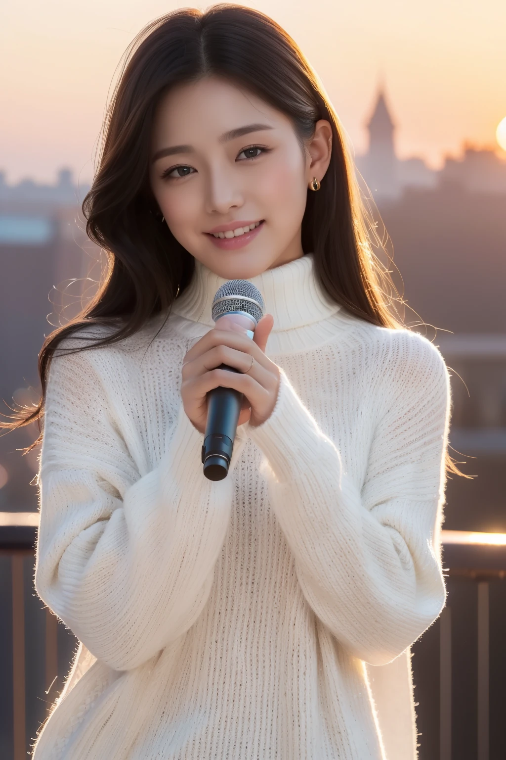 ((top-quality、8K、masterpiece:1.3))、foco nítido:1.2、Beautiful woman with perfect body shape:1.4、Grab the microphone and sing passionately:1.2、(Layered Hair Style:1.2))、(White High Neck Sweater:1.3)、In front of the station with a beautiful sunset,Highly detailed facial and skin texture、A detailed eye、二重まぶた,Sing a song、