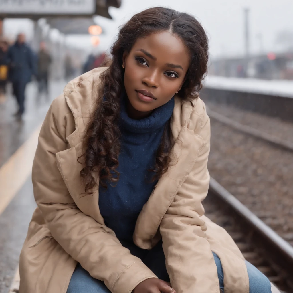 ((Dark African skin, Very deep ebony skin)), ((Its beauty is undeniable)), ((Excited cute face)), ((Hyper detailed perfect eyes,)), ((Language output)), ((annoyed)), sexy, ((beige warm winterjacket, jeans, train station, sitting at the train station)), ((Afro ponytail with long African curly hair,)), ((skin)), ((sitting, front view)), ((touching her own legs in a sexy pose)), ((train station, raining, sitting at the train station, morning, winter, people in the background)), Sharp Focus CGI, photorealistic, High detail, Realistic, Masterpiece, absurd, Best quality, Hdr, High quality, high-definition, Extremely detailed, 8k wallpaper, Intricate details, 8K UHD, Full-HD, (photo realist:1.2), contrast, intense illumination, lighting cinematic, natural lighting, morning light, winter, Illumination globale, African women, Female sexy, The Hague
