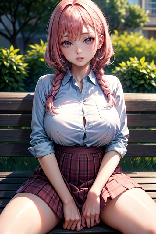 (best quality,4k,8k,highres,masterpiece:1.2),pink hair,short braided hair,beautiful big breasts,girl's eyes are beautifully detailed and expressive,girl's lips are beautifully detailed,ultra-detailed,realistic,wearing school uniforms,playfully enjoying the moment,colorful and vibrant,soft natural lighting。Unbutton your shirt。Sitting on a bench、Forward leaning position。Crotch opening。