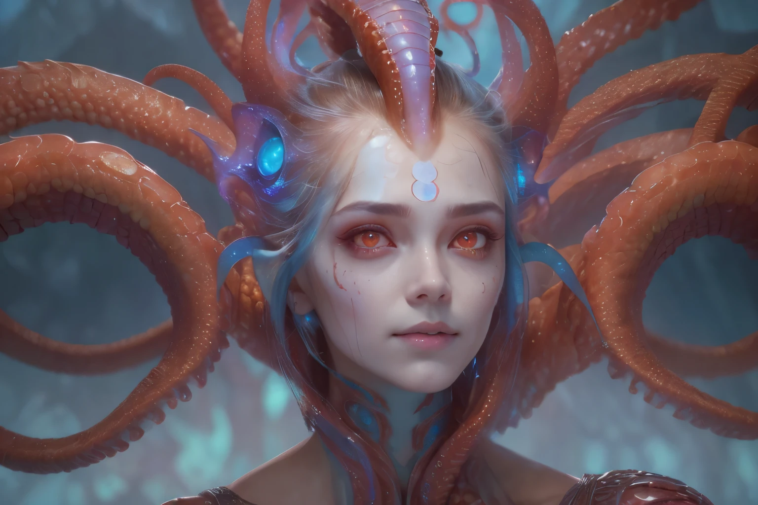 Portrait, (beautiful female alien:1.2),  (she has red eyes with no pupils:1.8), (Translucent skin:1.7),  (There is a female genital-like organ in the middle of the forehead:1.9), (The most beautiful face in the history of the universe:1.2),an evil gaze that seduces, (large mouth:1.1), (sharp teeth like a vampire:1.2), Full body like, (bio luminescent:1.5), (Smile wickedly:1.3),  (sexypose:1.5), alien, No humans, cells are fused, (Lots of translucent tentacles:1.3) extraterrestrial, cell, bio image, Best Quality, 8K,4K_quality, High Definition, Dramatic Lighting, masutepiece:1.5,cinematic quality, detail up, (Intricate details:1.2), High resolution, High Definition, drawing faithfully, (Thick eyebrows:1.2), Beautiful eyes with fine symmetry,(Highly detailed face and eyes:1.2), Intimate face, (Super detailed skin quality feeling:1.4), Perfect Anatomy,  (Beautiful toned body:1.5),  (Moist skin:1.2), No makeup, (dark circles:1.1), long canines, cinematic drawing of characters, ultra high quality model, cinematic quality, detail up, (Intricate details:1.2), High resolution, High Definition, drawing faithfully, Official art, Unity 8K wall  , 8K Portrait, Best Quality, Very High resolution, ultra detailed artistic photography, midnight aura,  unreal enginee 5, Ultra Sharp Focus, art by alberto seveso, ArtGerm, Roisch, intricate artwork, best quality, masutepiece, ultra High resolution, (photos realistic:1.4), Ultra-realistic realism, dream-like,  nautilus, Creation of fantasy, Snail, Dream Snail,  biopunk nautilus, Thrilling color schemes， Ultra-realistic realism， seductively smiling, Blue tentacles,