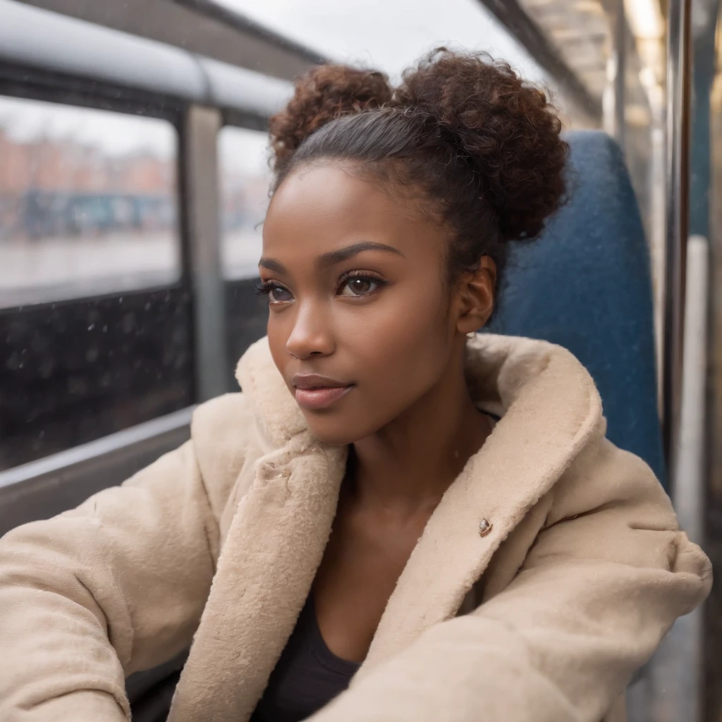 ((Dark African skin, Very deep ebony skin)), ((Its beauty is undeniable)), ((Excited cute face)), ((Hyper detailed perfect eyes,)), ((Language output)), ((Tired)), sexy, ((beige warm winterjacket, jeans, public transport, sitting in the train)), ((Afro ponytail with long African curly hair,)), ((skin)), ((looking outside the window, front view)), ((touching her own legs in a sexy pose)), ((The Hague, public transport, raining, sitting in the train, morning, Public city, people in the background)), Sharp Focus CGI, photorealistic, High detail, Realistic, Masterpiece, absurd, Best quality, Hdr, High quality, high-definition, Extremely detailed, 8k wallpaper, Intricate details, 8K UHD, Full-HD, (photo realist:1.2), contrast, intense illumination, lighting cinematic, natural lighting, morning light, winter, Illumination globale, Laughing out loud, African women, Female sexy, The Hague