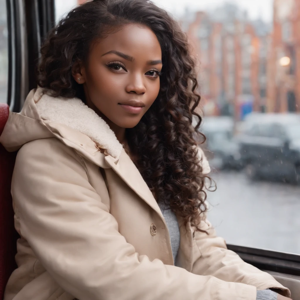 ((Dark African skin, Very deep ebony skin)), ((Its beauty is undeniable)), ((Excited cute face)), ((Hyper detailed perfect eyes,)), ((Language output)), ((Tired)), sexy, ((beige warm winterjacket, jeans, public transport, sitting in the train)), ((Afro ponytail with long African curly hair,)), ((skin)), ((looking outside the window, front view)), ((touching her own legs in a sexy pose)), ((The Hague, public transport, raining, sitting in the train, morning, Public city, people in the background)), Sharp Focus CGI, photorealistic, High detail, Realistic, Masterpiece, absurd, Best quality, Hdr, High quality, high-definition, Extremely detailed, 8k wallpaper, Intricate details, 8K UHD, Full-HD, (photo realist:1.2), contrast, intense illumination, lighting cinematic, natural lighting, morning light, winter, Illumination globale, Laughing out loud, African women, Female sexy, The Hague