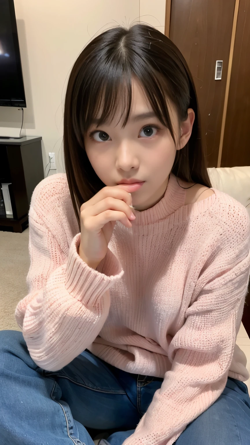 (BEST-QUALITY, MASTERPIECE, ULTRA-HIGH-RESOLUTION, (PHOTOREALISTIC:1.4), RAW-PHOTO, ULTRA DETAILED, PERFECT-ANATOMY), 

at midnight, In living-room, 1girl, **-*****-***, the most popular Japanese idol, sitting and drinking, completely drunk, looking at viewer, detailed pink-sweater, extremely cute face like a Japanese famous idol, (extremely beautiful big-black-eyes, extremely beautiful black-solid-circle-eyes), extremely beautiful and extremely realistic skins