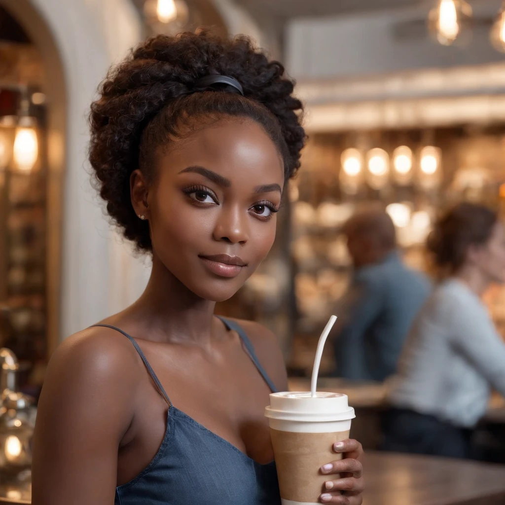 ((Dark African skin, Very deep ebony skin)), ((Its beauty  undeniable)), ((Excited cute face)), ((Hyper detailed perfect eyes,)), ((pose mignonne)), ((Langue sortie)), ((Seductive )), ((warm beige turtleneck, jeans, coffee)), ((Afro ponytail with long African curly hair,)), (( peau)), ((debout, vue de face)), ((toucher ses propres jambes dans une pose sexy)), ((The Hague, bar, coffee , Ville publique, people in the background)), ((doing groceries)), Sharp Focus CGI, photoreallistic, High detail, Realstic, Masterpiece, absurdes, Best quality, Hdr, High quality, high-definition, Extremely detailed, 8k wallpaper, Intricate details, 8K UHD, Full-HD, (photo realist:1.2), contraste, intense illumination, lighting cinematic, natural lighting, veilleuse, Nuit, Illumination globale, Laughing out loud, a la piscine African women、Female sexy, the hague