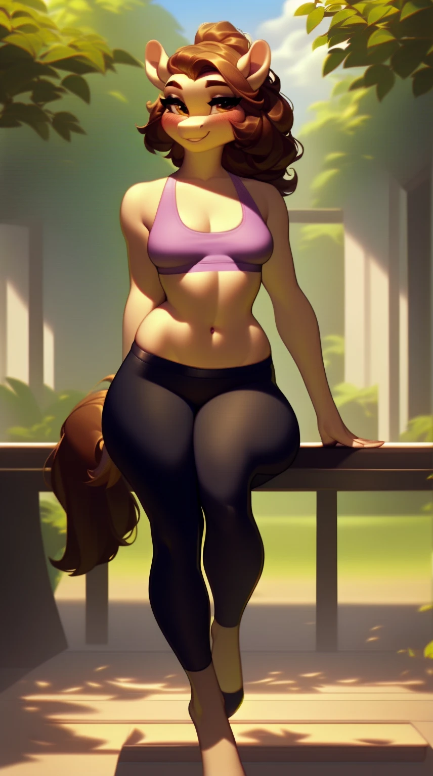 (score_9), (source_derpibooru_p_95), (solo), ((anthro o.c pony 1.1)), (yoga pants), sexy, blushing, cute seductive smile, anatomically correct, small breasts, solo, hourglass figure, curvy, plump body, cute, high res, mature, realistic long brown hair,