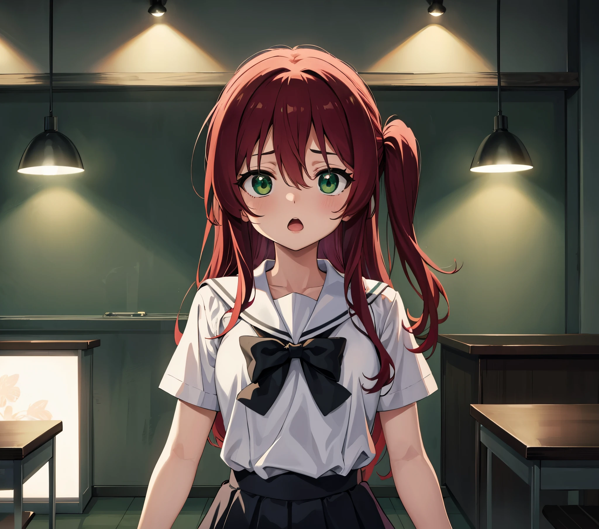 kitaikuyo, ikuyo kita, (green eyes:1.5), hair between eyes, long hair, one side up, red hair, (flat chest:1.2),
BREAK black footwear, black skirt, grey sailor collar, pleated skirt, sailor collar, school uniform, shoes, short sleeves, shuka high school uniform, skirt,,
BREAK looking at viewer,
BREAK indoors, classroom,
BREAK (masterpiece:1.2), best quality, high resolution, unity 8k wallpaper, (illustration:0.8), (beautiful detailed eyes:1.6), extremely detailed face, perfect lighting, extremely detailed CG, (perfect hands, perfect anatomy),up chest.Sad face.open mouth.big breasts.(((eyes highlight off))).
