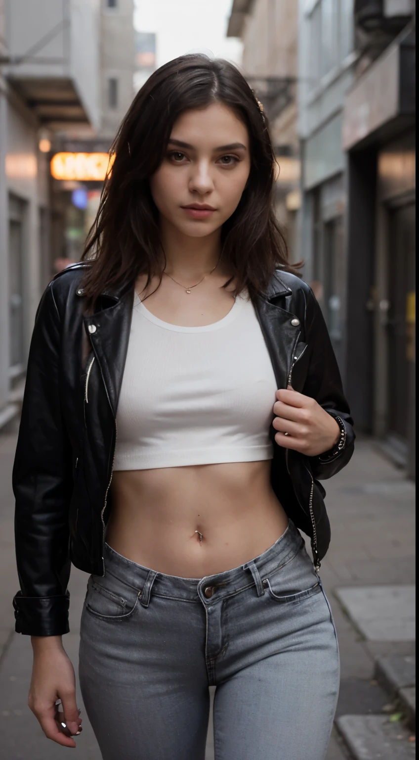 photography of a 20yo woman, perfect face, fully dressed, use the same face, masterpiece, same face, envision an urban, edgy scene set in a bustling city at night. The model, a young woman with a confident and bold demeanor, stands in a narrow, dimly lit alleyway, the walls adorned with vibrant graffiti. Neon lights from nearby signs cast a colorful glow, creating a dynamic and modern atmosphere.

The model is dressed in a chic, street-style outfit. She wears a sleek, black leather jacket with a slightly glossy finish, unzipped to reveal a graphic t-shirt underneath, featuring a striking, abstract design. The jacket adds an element of toughness and edginess to her look.

Her pants are black skinny jeans, fitting snugly and accentuating her silhouette. The jeans have subtle details, like zippers or textured patches, adding depth and interest to her outfit.

On her feet are high-top sneakers, possibly with bold colors or patterns, complementing the urban vibe of the scene. Her hair is styled in a trendy manner, maybe a high ponytail or a short, sharp cut, enhancing her confident and contemporary look.

For accessories, she wears a few statement pieces, like a chunky bracelet or a bold ring, adding a touch of glamour to the gritty setting. The jewelry is modern and unconventional, matching her daring and stylish persona.

The overall mood of the shoot is energetic and assertive, capturing the essence of urban life and contemporary fashion. The contrast between the model’s fashionable appearance and the raw, urban backdrop creates a compelling visual narrative, highlighting her confidence and individuality.