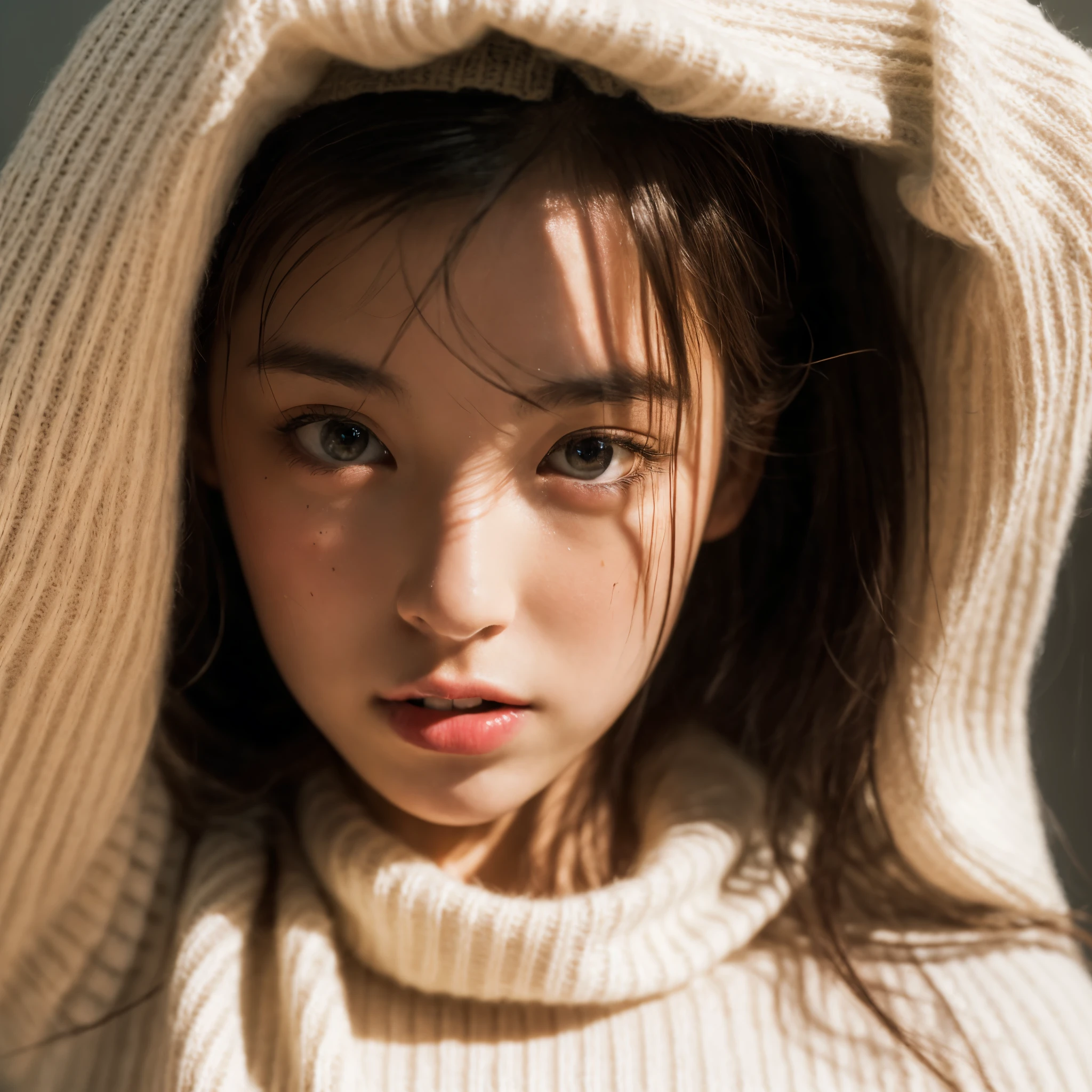 Highest Quality, masterpiece, unbelievably beautiful, very delicate 8k wallpaper, Transcendently Beautiful Girl, ((japanese)), cute girl, (virgin killer sweater:1.4), ((extreme close-up face:1.6)), eye focus, depth of field, (???????:1.4) , ((looking down)), ((from directly below)), dropping eyes, ((plump lips)), {{few freckle}}, 25 years old, dark illumination, inside in room, detailed face, detailed eyes , detailed arms,,Shot with Canon EOS 5D Mark IV, Beautiful Japan Woman, 35mm film