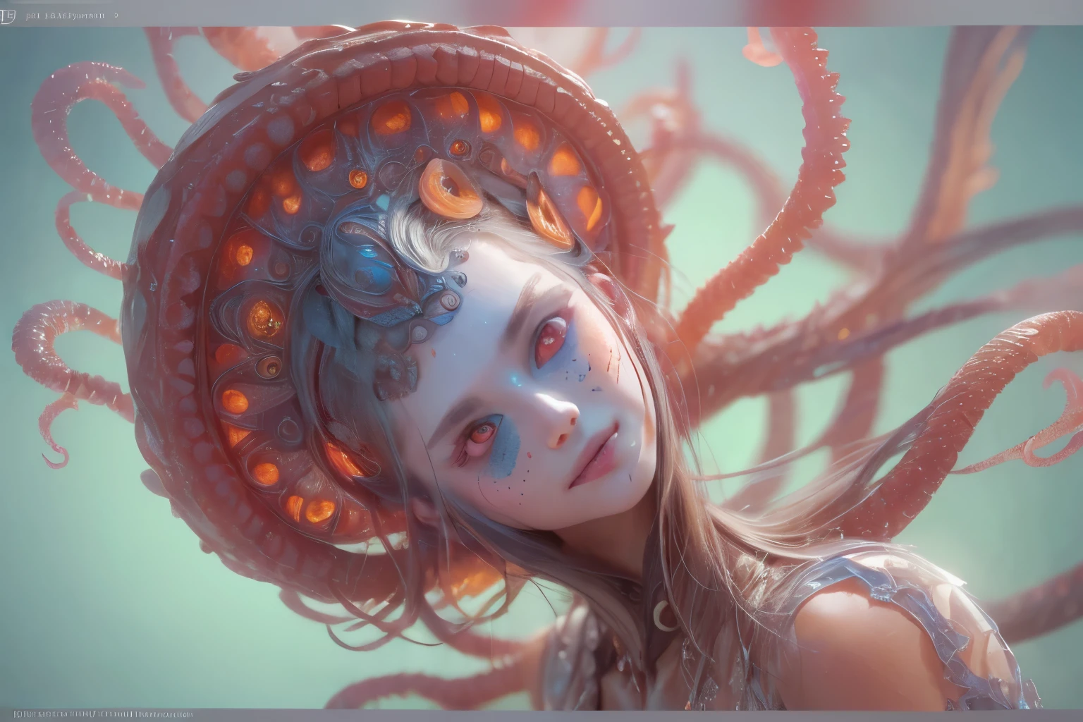 Portrait, (beautiful female alien:1.2), (she has red eyes with no pupils:1.8), (Translucent skin:1.7), (There is a female genital-like organ in the middle of the forehead:1.9), (The most beautiful face in the history of the universe:1.2),an evil gaze that seduces, (large mouth:1.1), (sharp teeth like a vampire:1.2), Full body like, (bio luminescent:1.5), (Smile wickedly:1.3), (sexypose:1.5), alien, No humans, cells are fused, (Lots of translucent tentacles:1.3) extraterrestrial, cell, bio image, Best Quality, 8K,4K_quality, High Definition, Dramatic Lighting, masutepiece:1.5,cinematic quality, detail up, (Intricate details:1.2), High resolution, High Definition, drawing faithfully, (Thick eyebrows:1.2), Beautiful eyes with fine symmetry,(Highly detailed face and eyes:1.2), Intimate face, (Super detailed skin quality feeling:1.4), Perfect Anatomy, (Beautiful toned body:1.5), (Moist skin:1.2), No makeup, (dark circles:1.1), long canines, cinematic drawing of characters, ultra high quality model, cinematic quality, detail up, (Intricate details:1.2), High resolution, High Definition, drawing faithfully, Official art, Unity 8K wall , 8K Portrait, Best Quality, Very High resolution, ultra detailed artistic photography, midnight aura, unreal enginee 5, Ultra Sharp Focus, art by alberto seveso, ArtGerm, Roisch, intricate artwork, best quality, masutepiece, ultra High resolution, (photos realistic:1.4), Ultra-realistic realism, dream-like, nautilus, Creation of fantasy, Snail, Dream Snail, biopunk nautilus, Thrilling color schemes, Ultra-realistic realism, seductively smiling, Blue tentacles,