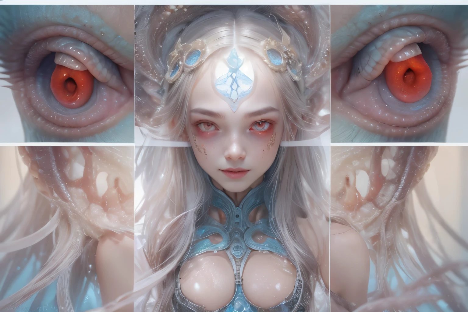 Portrait, (beautiful female alien:1.2), (she has red eyes with no pupils:1.8), (Translucent skin:1.7), (There is a female genital-like organ in the middle of the forehead:1.9), (The most beautiful face in the history of the universe:1.2),an evil gaze that seduces, (large mouth:1.1), (sharp teeth like a vampire:1.2), Full body like, (bio luminescent:1.5), (Smile wickedly:1.3), (sexypose:1.5), alien, No humans, cells are fused, (Lots of translucent tentacles:1.3) extraterrestrial, cell, bio image, Best Quality, 8K,4K_quality, High Definition, Dramatic Lighting, masutepiece:1.5,cinematic quality, detail up, (Intricate details:1.2), High resolution, High Definition, drawing faithfully, (Thick eyebrows:1.2), Beautiful eyes with fine symmetry,(Highly detailed face and eyes:1.2), Intimate face, (Super detailed skin quality feeling:1.4), Perfect Anatomy, (Beautiful toned body:1.5), (Moist skin:1.2), No makeup, (dark circles:1.1), long canines, cinematic drawing of characters, ultra high quality model, cinematic quality, detail up, (Intricate details:1.2), High resolution, High Definition, drawing faithfully, Official art, Unity 8K wall , 8K Portrait, Best Quality, Very High resolution, ultra detailed artistic photography, midnight aura, unreal enginee 5, Ultra Sharp Focus, art by alberto seveso, ArtGerm, Roisch, intricate artwork, best quality, masutepiece, ultra High resolution, (photos realistic:1.4), Ultra-realistic realism, dream-like, nautilus, Creation of fantasy, Snail, Dream Snail, biopunk nautilus, Thrilling color schemes, Ultra-realistic realism, seductively smiling, Blue tentacles,