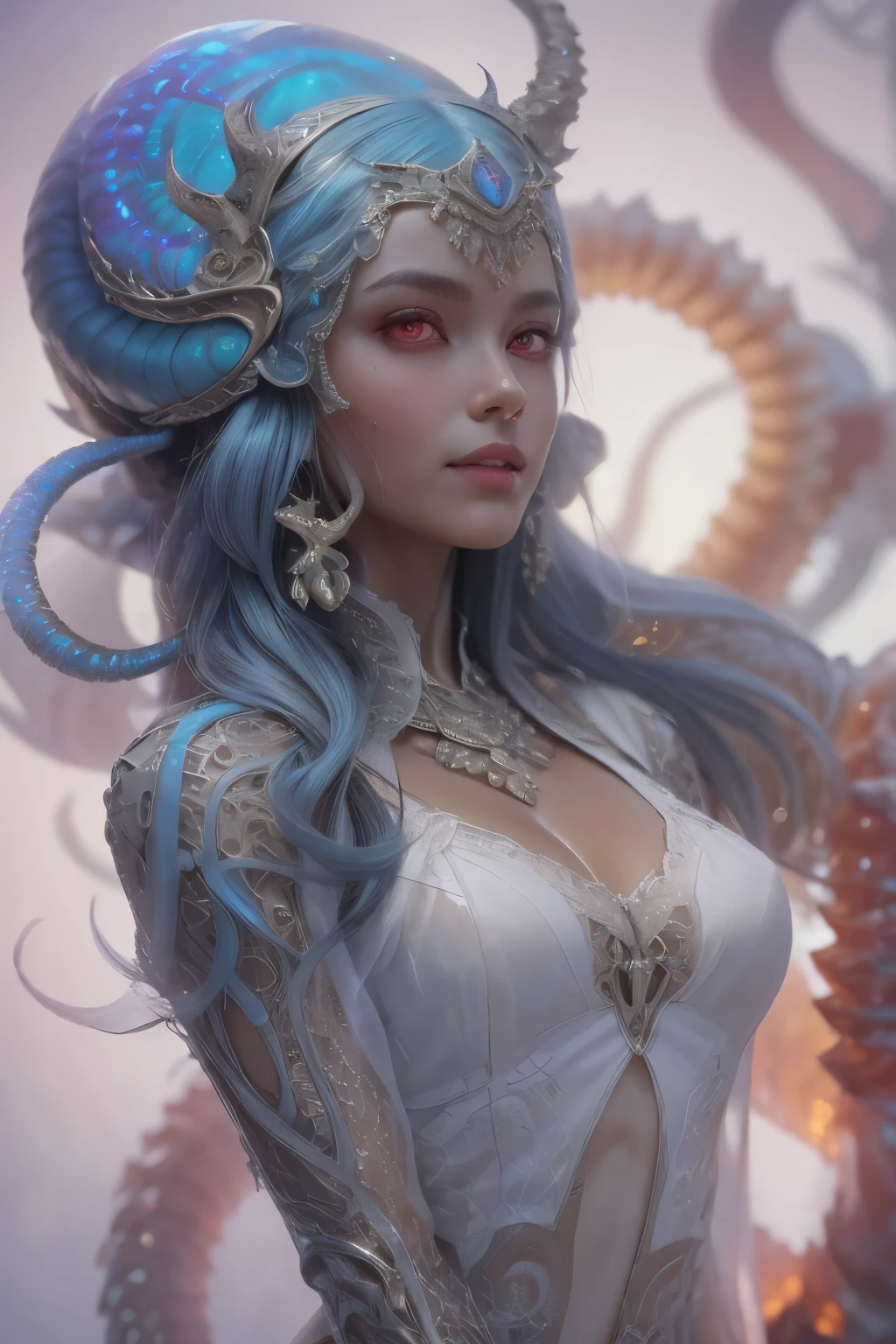 (Portrait of a beautiful yet frightening female creature:1.4), ((There is a female genital-like organ in the middle of the forehead.:1.8)), (realistic face:1.2), Super realistic clear skin, she is very sleepy, (Number of award-winning masterpieces々, incredibly detailed, Texture and maximum detail), midnight aura, unreal engine 5, super sharp focus, midnight aura, unreal engine 5, super sharp focus, (art by Amano Yoshitaka:1.5), art germ, Reusch, intricate artwork, ultra realistic realism, High resolution, High freshness, draw faithfully, official art, Unity 8K wallpaper, Super detailed artistic photography, dream-like, fantasy creation, dream snail, (biopunk nautilus:1.3),thrilling color scheme, amazing mutation, well-proportioned body, goddess of the deep sea, fractal, Geometric pattern, impossible numberany transparent white tentacles with luminescent organs:1.4), Subtle emerald green accents, (smile seductively:1.3),(she has the most beautiful face in the history of the universe:1.5), (She looks down at the viewer with glowing red eyes without pupils:1.3), an evil gaze that seduces, cinematic lighting, (no makeup:1.3), (From the gap between your cute lips、Long canine teeth peek out like a vampire:1.5), in the palace hall, A sweet sigh leaks from her beautiful lips with ecstatic expression, She has countless hair-like translucent tentacles on her head. cheerful smile