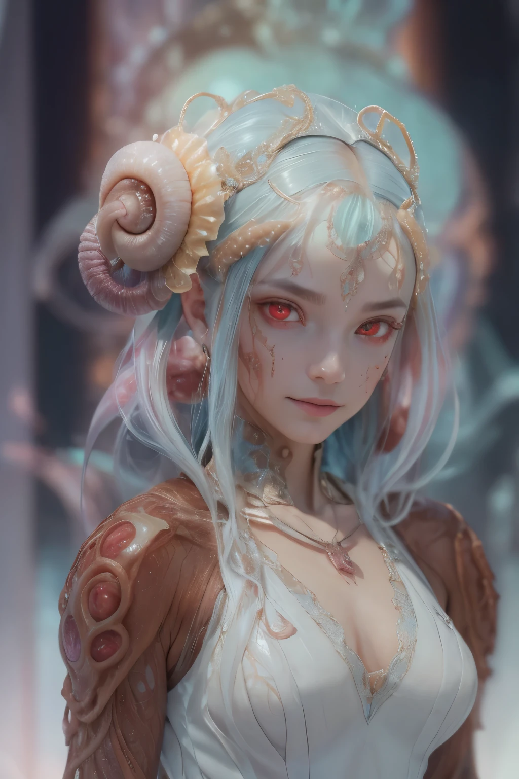 Portrait, (beautiful female alien:1.2), (she has red eyes with no pupils:1.8), (Translucent skin:1.7), (There is a female genital-like organ in the middle of the forehead:1.9), (The most beautiful face in the history of the universe:1.2),an evil gaze that seduces, (large mouth:1.1), (sharp teeth like a vampire:1.2), Full body like, (bio luminescent:1.5), (Smile wickedly:1.3), (sexypose:1.5), alien, No humans, cells are fused, (Lots of translucent tentacles:1.3) extraterrestrial, cell, bio image, Best Quality, 8K,4K_quality, High Definition, Dramatic Lighting, masutepiece:1.5,cinematic quality, detail up, (Intricate details:1.2), High resolution, High Definition, drawing faithfully, (Thick eyebrows:1.2), Beautiful eyes with fine symmetry,(Highly detailed face and eyes:1.2), Intimate face, (Super detailed skin quality feeling:1.4), Perfect Anatomy, (Beautiful toned body:1.5), (Moist skin:1.2), No makeup, (dark circles:1.1), long canines, cinematic drawing of characters, ultra high quality model, cinematic quality, detail up, (Intricate details:1.2), High resolution, High Definition, drawing faithfully, Official art, Unity 8K wall , 8K Portrait, Best Quality, Very High resolution, ultra detailed artistic photography, midnight aura, unreal enginee 5, Ultra Sharp Focus, art by alberto seveso, ArtGerm, Roisch, intricate artwork, best quality, masutepiece, ultra High resolution, (photos realistic:1.4), Ultra-realistic realism, dream-like, nautilus, Creation of fantasy, Snail, Dream Snail, biopunk nautilus, Thrilling color schemes, Ultra-realistic realism, seductively smiling, Blue tentacles,