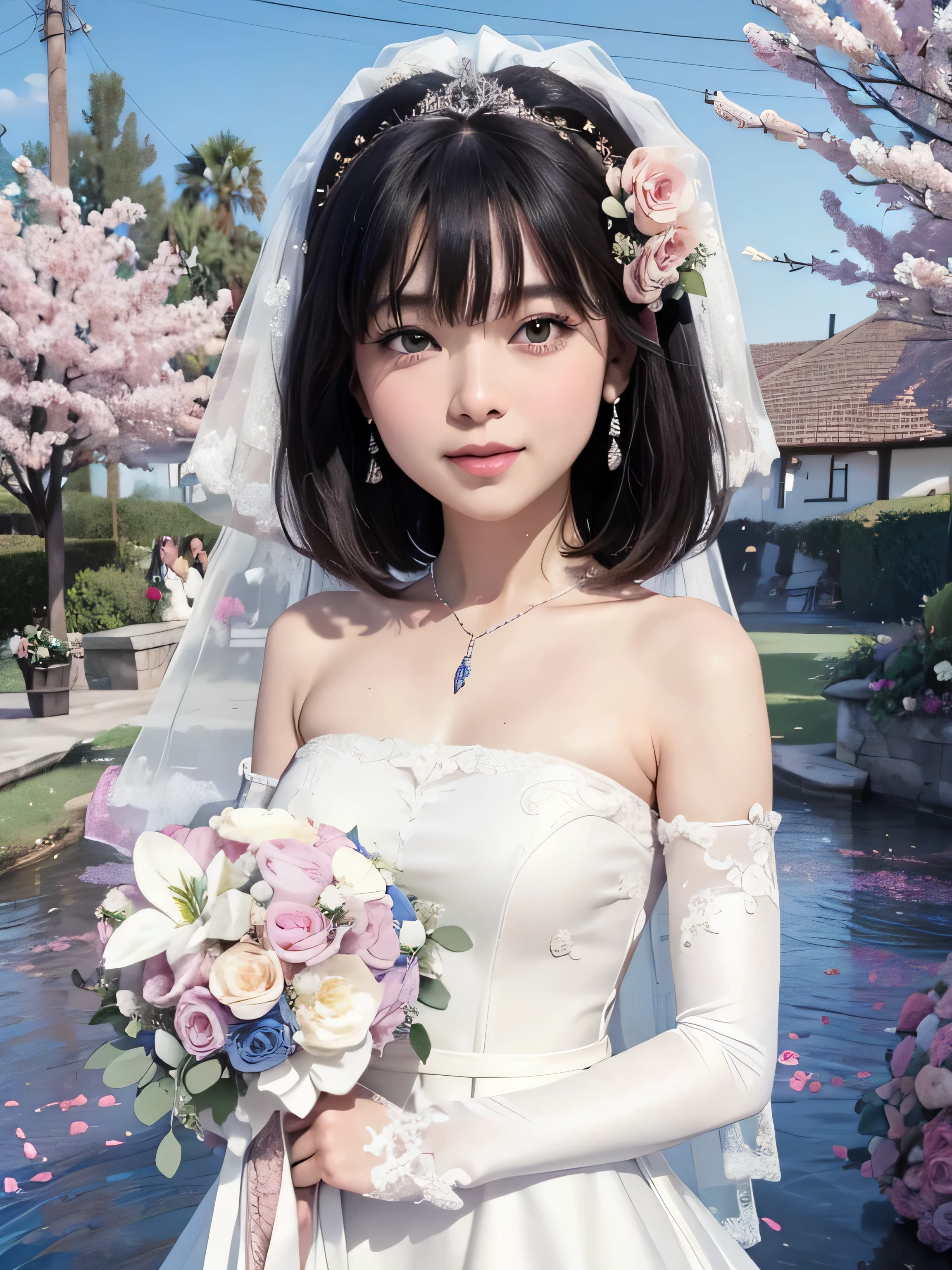 Realistic,masterpiece, best quality, (realistic,photo-realistic:1.4), (RAW photo:1.2),extremely detailed CG unity 8k wallpaper, delicate and beautiful, amazing,finely detail, official art, absurdres, incredibly absurdres, huge filesize, ultra-detailed,extremely detailed eyes and face, light on face,little smile,short hair,black hair,golden eyes,(wedding dress:1.5),holding flower bouquet