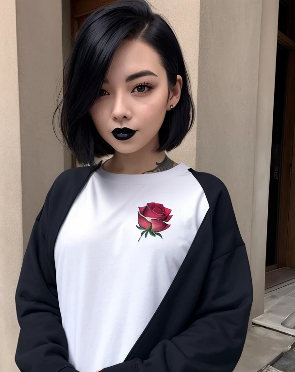 a close-up of an extremely beautiful, extremely realistic woman with a tattoo of a red rose on her left arm, with fair skin, pale goth beauty, 20 year old goth girl, black ink, pale skin!, happy look, pale white skin, skin pale light!!, wonderful short dark hair. wearing a big black sweatshirt