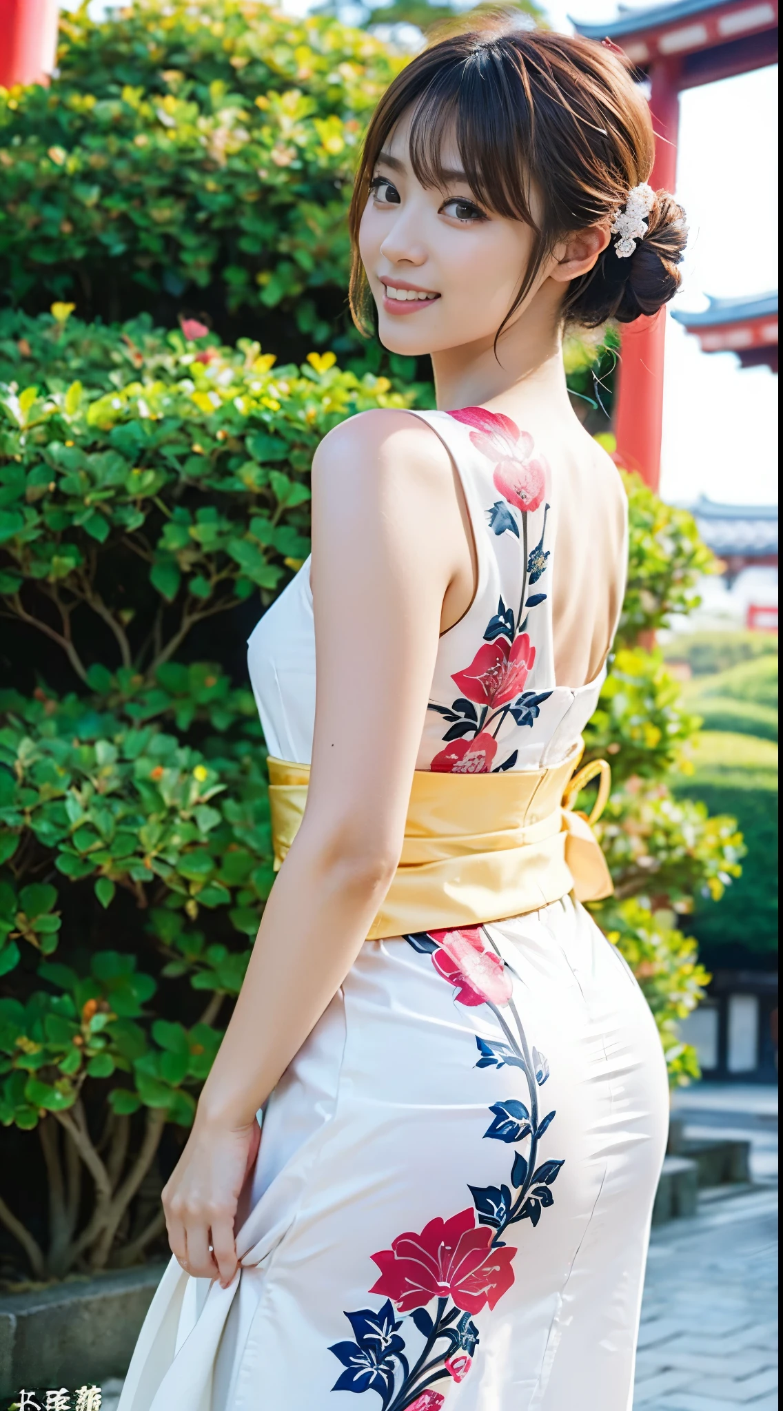 (((Beautiful woman wearing furisode and tying fortune to a tree at a shrine))),(((Gravure idols who look good in Japanese clothes))),(((masutepiece:1.6))),(((ulzzang-6500))),(((perfect anatomia:1.6))),(((Deep depth of field with Hasselblad))),(((Sexy waist))),masterpiece,top-quality,超A high resolution,High detailed portrait,(photographrealistic:1.4),(((High nose and chiseled beautiful face))),(((Long limbs like a model))),The fair-skinned nape of the neck is dazzling,(((She is wearing beautiful formal Japanese clothing that shows off her body lines.))),Raise your chin and look up at the sky,((Full body shooting from behind)),Cute 20 years old, Her long glossy chestnut hair is tied up and the nape of her neck is sexy.,((Proud F cup beautiful breasts )),(I can't get enough of my waistline),(Famous popular actresses of Japan),(Look over your shoulder and smile with the corners of your mouth and eyebrows raised),A detailed eye,((Gravure photoshoot at a shrine with an elegant atmosphere full of trees)),((Gaze staring at the sky,long lashes,big eye,Distinct double eyelids,((shiny thick lips)),(((perfect anatomia:1.4))),