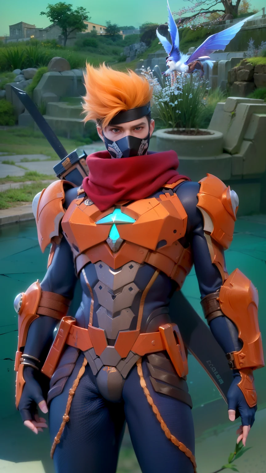 masculine male, masterpiece, ((perfect eyeest quality, (semirealism:1.9), beautiful lighting, (extremely detailed CG unity 4k fhd wallpaper), High Detail, Sharp focus, dramatic outdoors, 1 boy ,19 years old, orange hair, light purpel eyes, smile, Attractive profile picture, masterpiece, ultra-precise rendering, beautiful and cool young man, trustworthy, dependable young man, savior of the world, design, most beautiful image, 4K, light green eyes, the color of the clothes is the same as the original, demon ninja, demon armor, sword.