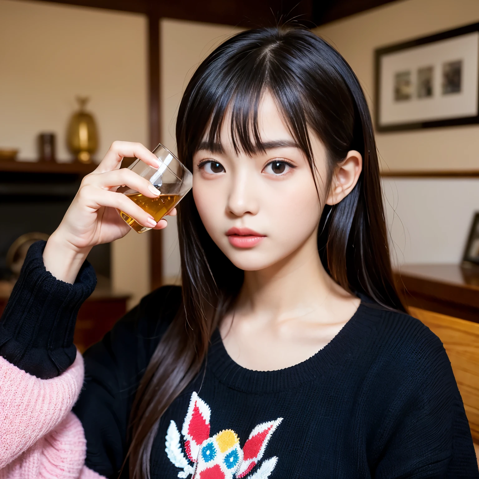 (BEST-QUALITY, MASTERPIECE, ULTRA-HIGH-RESOLUTION, (PHOTOREALISTIC:1.4), RAW-PHOTO, ULTRA DETAILED, PERFECT-ANATOMY),
at midnight, In living-room, 1girl, -yeld, thost popular Japanese idol, sitting and drinking, completely drunk, looking at viewer, detailed pink-sweater, extremely cute face like a Japanese famous idol, (extremely beautiful big-black-eyes, extremely beautiful black-solid-circle-eyes), extremely beautiful and extremely realistic skins