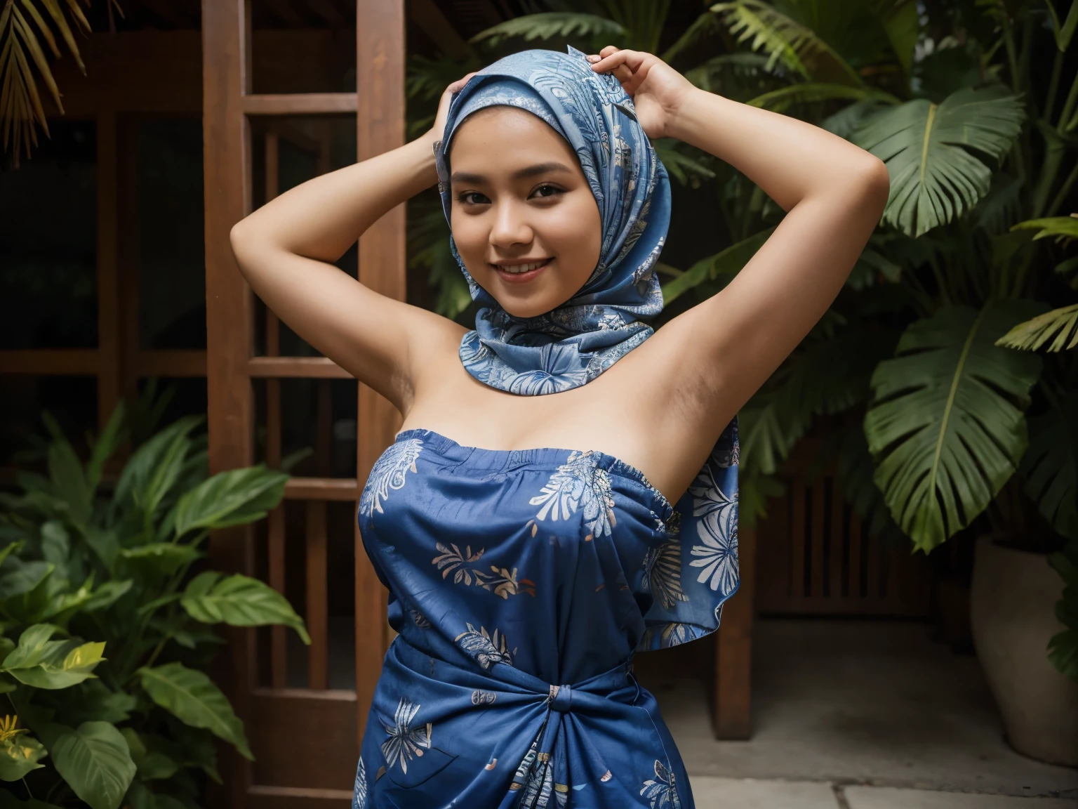 A 52 years old naked Indonesian woman in hijab, very dense pubic hair, darker skin, curvier body, short body, flat-chested, small breasts, villager, poor girl, wearing paisley pattern hijab, wearing blue long sleeve tight t-shirt, bottomless, wearing no pant, wearing no skirt, wearing no panties, smiling and standing in village, look to the viewer with eye close