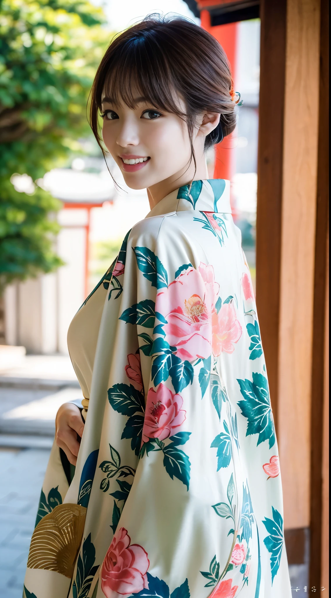 (((A beautiful woman wearing a long-sleeved kimono looks over her shoulder in front of a large offering box at a shrine))),(((A gravure idol who looks good in Japanese clothes poses with her knees together))),(((masutepiece:1.6))),(((ulzzang-6500))),(((perfect anatomia:1.6))),(((Deep depth of field with Hasselblad))),(((Sexy waist))),masterpiece,top-quality,超A high resolution,High detailed portrait,(photographrealistic:1.4),(((High nose and chiseled beautiful face))),(((Long limbs like a model))),The fair-skinned nape of the neck is dazzling,(((Wear beautiful formal Japanese clothing that shows off your body lines.))),chin up and drink tea,((Full body shooting from the side)),Cute 20 years old, Her long glossy chestnut hair is tied up and the nape of her neck is sexy.,((Proud F cup beautiful breasts )),(I can't get enough of my waistline),(Famous popular actresses of Japan),(Look over your shoulder and smile with the corners of your mouth and eyebrows raised),A detailed eye,((Gravure photoshoot at a shrine with an elegant atmosphere full of trees)),((long lashes,big eye,Distinct double eyelids,((shiny thick lips)),(((perfect anatomia:1.4))),