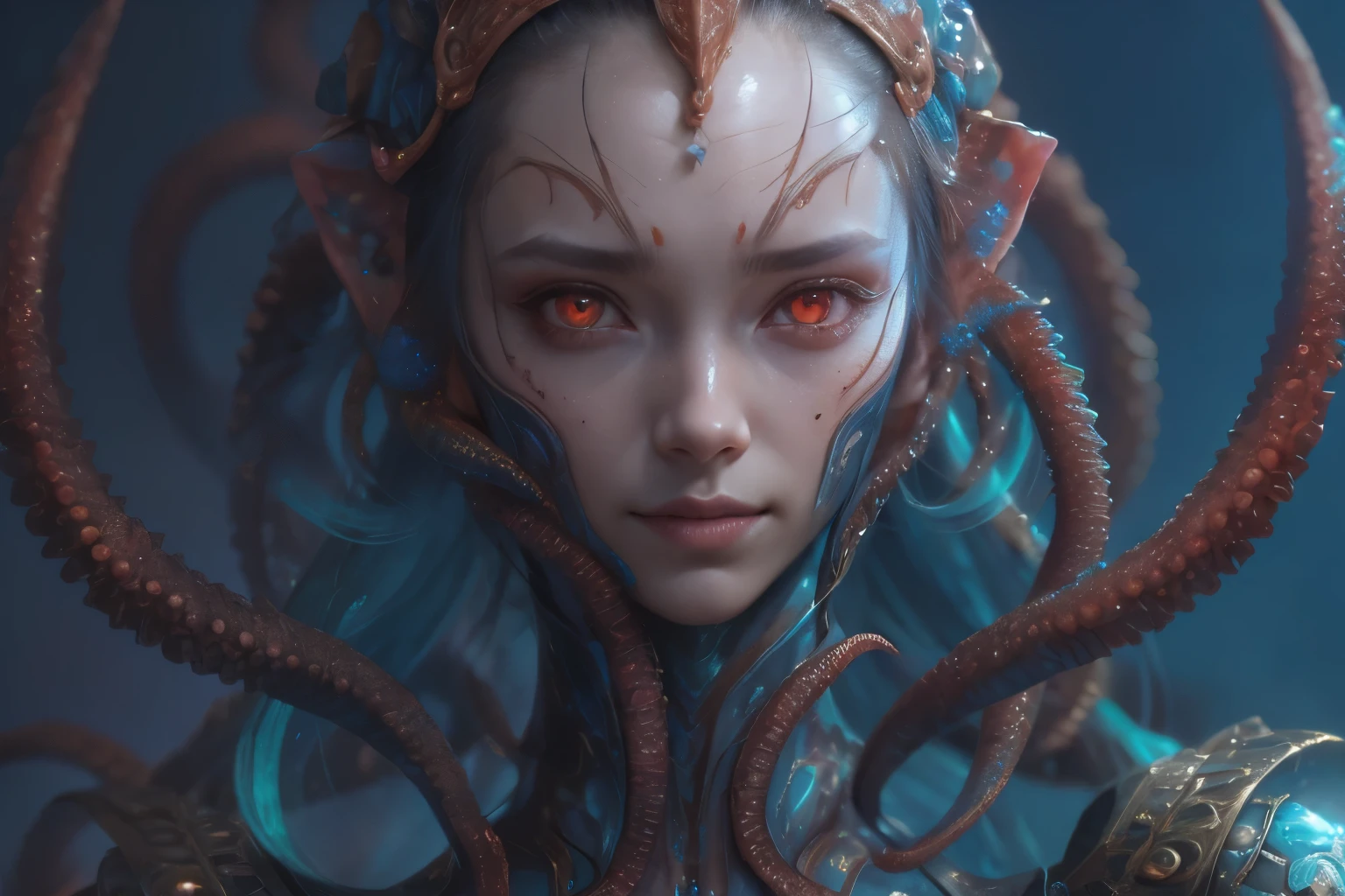 Portrait, (beautiful female alien:1.2),  (she has red eyes with no pupils:1.8), (Translucent skin:1.7),  (There is a female genital-like organ in the middle of the forehead:1.9), (The most beautiful face in the history of the universe:1.2),an evil gaze that seduces, (large mouth:1.1), (sharp teeth like a vampire:1.2), Full body like, (bio luminescent:1.5), (Smile wickedly:1.3),  (sexypose:1.5), alien, No humans, cells are fused, (Lots of translucent tentacles:1.3) extraterrestrial, cell, bio image, Best Quality, 8K,4K_quality, High Definition, Dramatic Lighting, masutepiece:1.5,cinematic quality, detail up, (Intricate details:1.2), High resolution, High Definition, drawing faithfully, (Thick eyebrows:1.2), Beautiful eyes with fine symmetry,(Highly detailed face and eyes:1.2), Intimate face, (Super detailed skin quality feeling:1.4), Perfect Anatomy,  (Beautiful toned body:1.5),  (Moist skin:1.2), No makeup, (dark circles:1.1), long canines, cinematic drawing of characters, ultra high quality model, cinematic quality, detail up, (Intricate details:1.2), High resolution, High Definition, drawing faithfully, Official art, Unity 8K wall  , 8K Portrait, Best Quality, Very High resolution, ultra detailed artistic photography, midnight aura,  unreal enginee 5, Ultra Sharp Focus, art by alberto seveso, ArtGerm, Roisch, intricate artwork, best quality, masutepiece, ultra High resolution, (photos realistic:1.4), Ultra-realistic realism, dream-like,  nautilus, Creation of fantasy, Snail, Dream Snail,  biopunk nautilus, Thrilling color schemes， Ultra-realistic realism， seductively smiling, Blue tentacles,