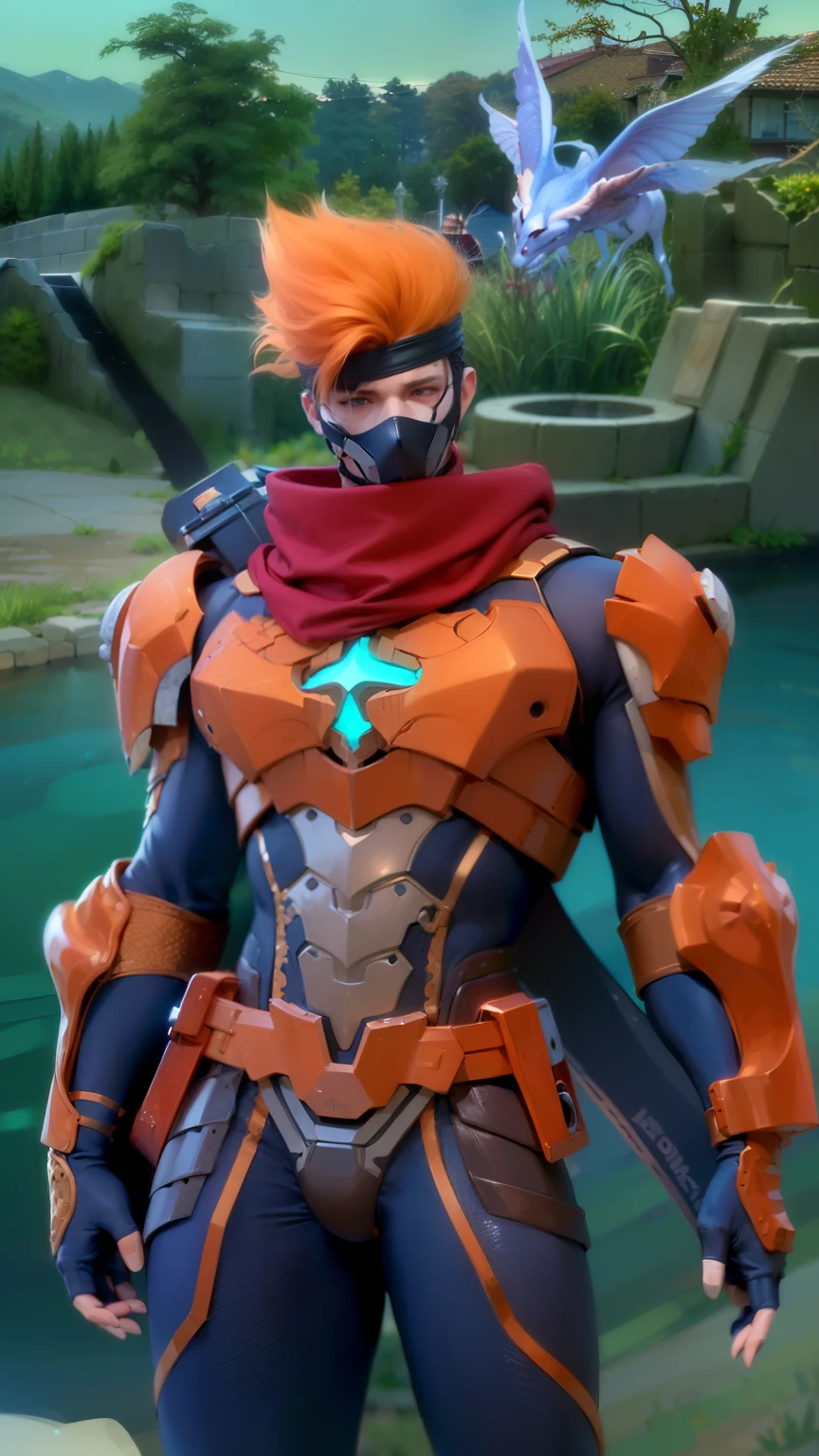 masculine male, masterpiece, ((perfect eyeest quality, (semirealism:1.9), beautiful lighting, (extremely detailed CG unity 4k fhd wallpaper), High Detail, Sharp focus, dramatic outdoors, 1 boy ,19 years old, orange hair, light purpel eyes, smile, Attractive profile picture, masterpiece, ultra-precise rendering, beautiful and cool young man, trustworthy, dependable young man, savior of the world, design, most beautiful image, 4K, light green eyes, the color of the clothes is the same as the original, demon ninja, demon armor.