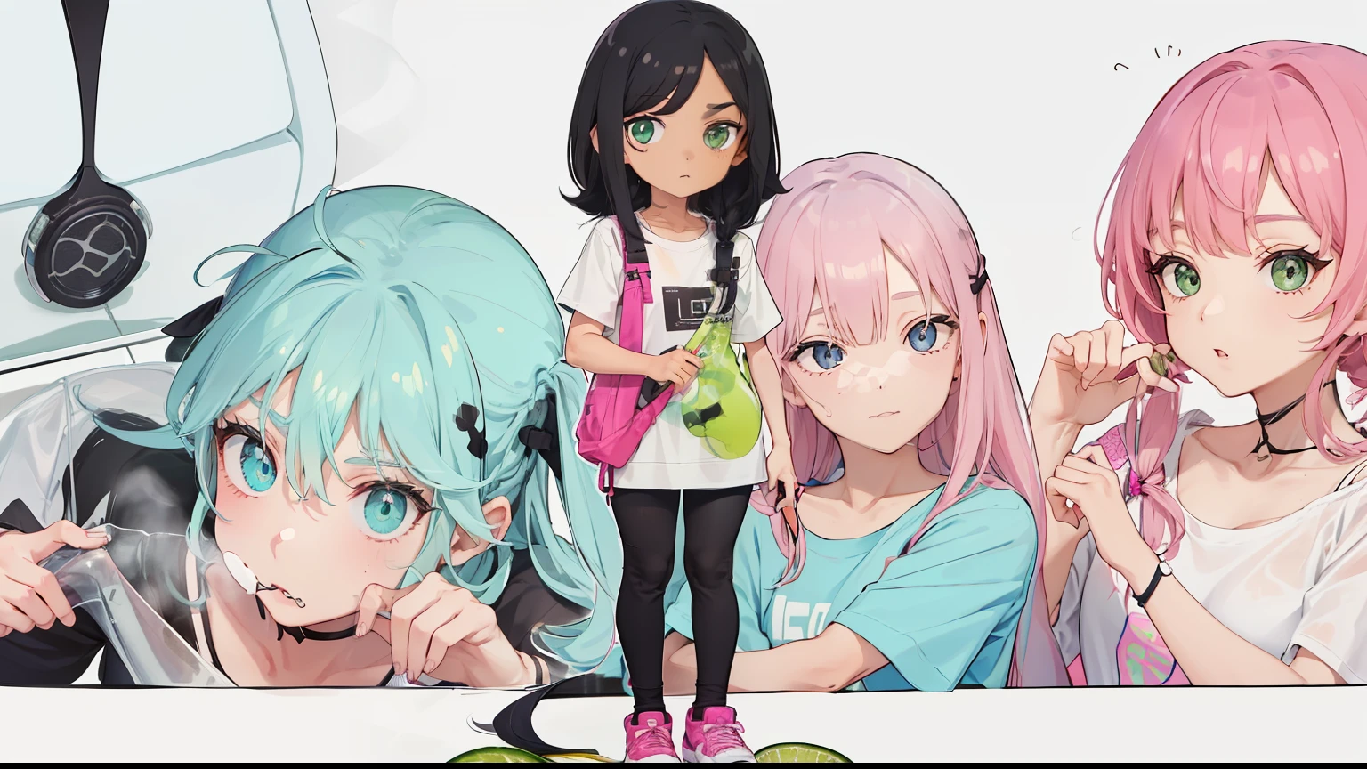 garota, olhos grandes e castanhos, peitinhos medios, tenis preto com rosa, cabelo preto, camiseta preta, black pant, lime green bottle held by a hot pink handle, pernas longas, cabelo meio longo, loja de doces