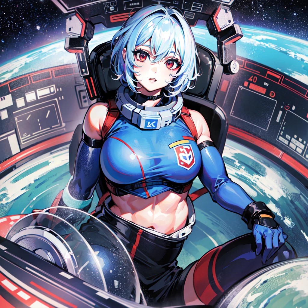 (((masterpiece、Top image quality、top-quality、highly detailed unity 8kwall-paper)))、((Illustration of one girl))、(pilot)、(((blue silver short hair)))、Red eyes、((Tall))、(((Muscle Girl、Muscular and strong body、abdominals、muscular and thick arms、muscular and thick legs、stocky build、muscular legs、broad shoulders))))、(((白いpilotスーツ)))、((manspreading、Sitting in the cockpit))、((space fighter cockpit、The Universe on the Monitor、Earth seen from space))