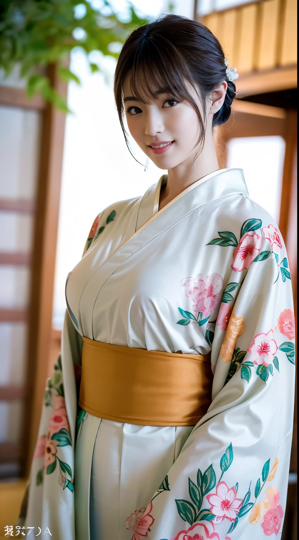 (((A beautiful woman wearing a long-sleeved kimono looks over her shoulder in front of a large offering box at a shrine))),(((A gravure idol who looks good in Japanese clothes poses with her knees together))),(((masutepiece:1.6))),(((ulzzang-6500))),(((perfect anatomia:1.6))),(((Deep depth of field with Hasselblad))),(((Sexy waist))),masterpiece,top-quality,超A high resolution,High detailed portrait,(photographrealistic:1.4),(((High nose and chiseled beautiful face))),(((Long limbs like a model))),The fair-skinned nape of the neck is dazzling,(((Wear beautiful formal Japanese clothing that shows off your body lines.))),chin up and drink tea,((Full body shooting from the side)),Cute 20 years old, Her long glossy chestnut hair is tied up and the nape of her neck is sexy.,((Proud F cup beautiful breasts )),(I can't get enough of my waistline),(Famous popular actresses of Japan),(Look over your shoulder and smile with the corners of your mouth and eyebrows raised),A detailed eye,((Gravure photoshoot at a shrine with an elegant atmosphere full of trees)),((long lashes,big eye,Distinct double eyelids,((shiny thick lips)),(((perfect anatomia:1.4))),