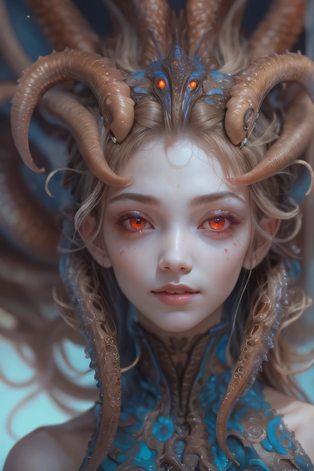 Portrait, (beautiful female alien:1.2), (There is a female genital-like organ in the middle of the forehead:1.8), (The most beautiful face in the history of the universe:1.2), (scarlet eyes:1.6), (Translucent skin:1.8), an evil gaze that seduces , (red eyes:1.5), Full body like, (bio luminescent:1.2), (Smile wickedly:1.3), (sexypose:1.5), alien, No humans, cells are fused, (Lots of translucent tentacles:1.1) (Translucent skin:1.3), extraterrestrial, cell, bio image, 魅惑的, Best Quality, 8K,4K_quality, High Definition, Dramatic Lighting, masutepiece:1.5,cinematic quality, detail up, (Intricate details:1.2), High resolution, High Definition, drawing faithfully, (Thick eyebrows:1.2), Beautiful eyes with fine symmetry, (Ultra detailed eyes:1.2),(Highly detailed face and eyes:1.2), (High-resolution red-eye:1.4), Intimate face, (Super detailed skin quality feeling:1.4), Perfect Anatomy, (Beautiful toned body:1.5), (Moist skin:1.2), No makeup, (dark circles:1.1), long canines, cinematic drawing of characters, ultra high quality model, cinematic quality, detail up, (Intricate details:1.2), High resolution, High Definition, drawing faithfully, Official art, Unity 8K wall , 8K Portrait, Best Quality, Very High resolution, ultra detailed artistic photography, midnight aura, unreal enginee 5, Ultra Sharp Focus, art by alberto seveso, ArtGerm, Roisch, intricate artwork, Medusa, best quality, masutepiece, ultra High resolution, (photos realistic:1.4), Ultra-realistic realism, dream-like, nautilus, Creation of fantasy, Snail, Dream Snail, biopunk nautilus, Thrilling color schemes, Ultra-realistic realism, seductively smiling, Blue tentacles