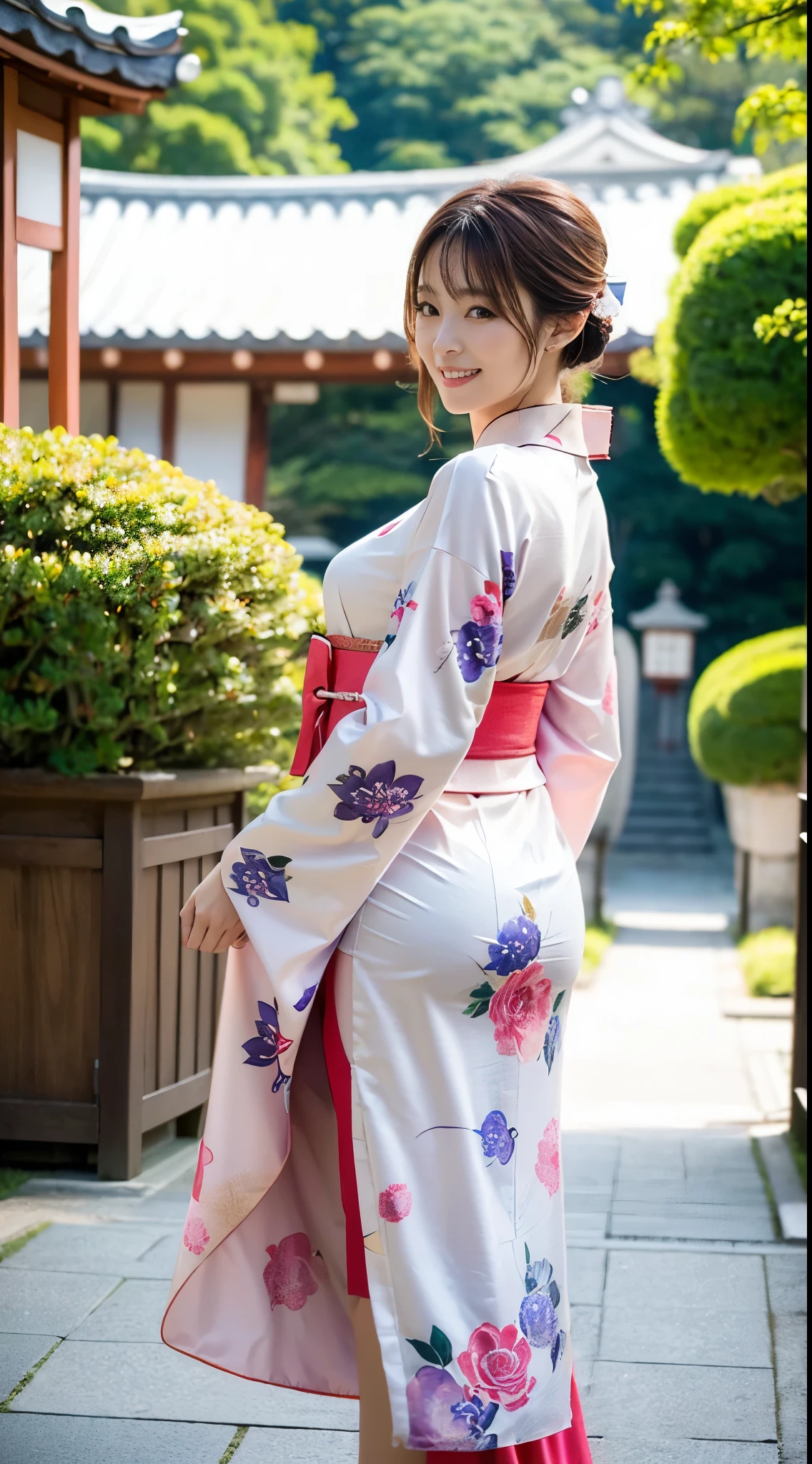 (((A beautiful woman wearing a long-sleeved kimono and visiting a shrine))),(((Gravure idols who look good in Japanese clothes))),(((masutepiece:1.6))),(((ulzzang-6500))),(((perfect anatomia:1.6))),(((Deep depth of field with Hasselblad))),(((Sexy waist))),​masterpiece,top-quality,超A high resolution,High detailed portrait,(photographrealistic:1.4),(((High nose and chiseled beautiful face))),(((Long limbs like a model))),The fair-skinned nape of the neck is dazzling,(((She is wearing beautiful formal Japanese clothing that shows off her body lines.))),Raise your chin and look up at the sky,((Full body shooting from behind)),Cute 20 years old, Her long glossy chestnut hair is tied up and the nape of her neck is sexy.,((Proud F cup beautiful breasts )),(I can&#39;t get enough of my waistline),(Famous popular actresses of Japan),(Look over your shoulder and smile with the corners of your mouth and eyebrows raised),A detailed eye,((Gravure photoshoot at a shrine with an elegant atmosphere full of trees)),((Gaze staring at the sky,long lashes,big eye,Distinct double eyelids,((shiny thick lips)),(((perfect anatomia:1.4))),