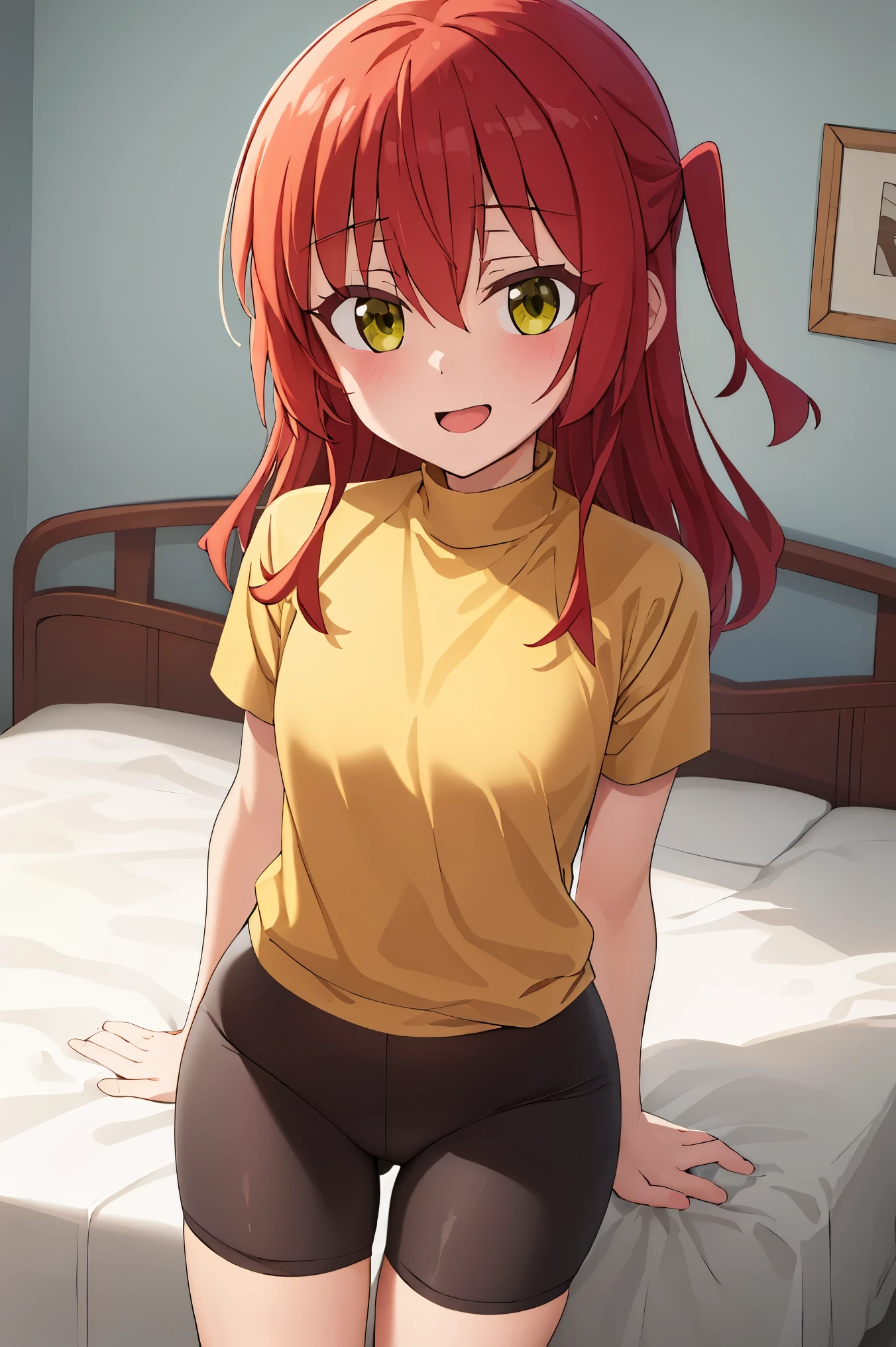 1 girl, best quality, ultra high res, long hair, red hair, green eyes, looking at viewers, small breast, standing, pov, slim body, loli body, small body, smile, open mouth, yellow shirt, short sleeves, bike shorts, bedroom, white bed sheets,