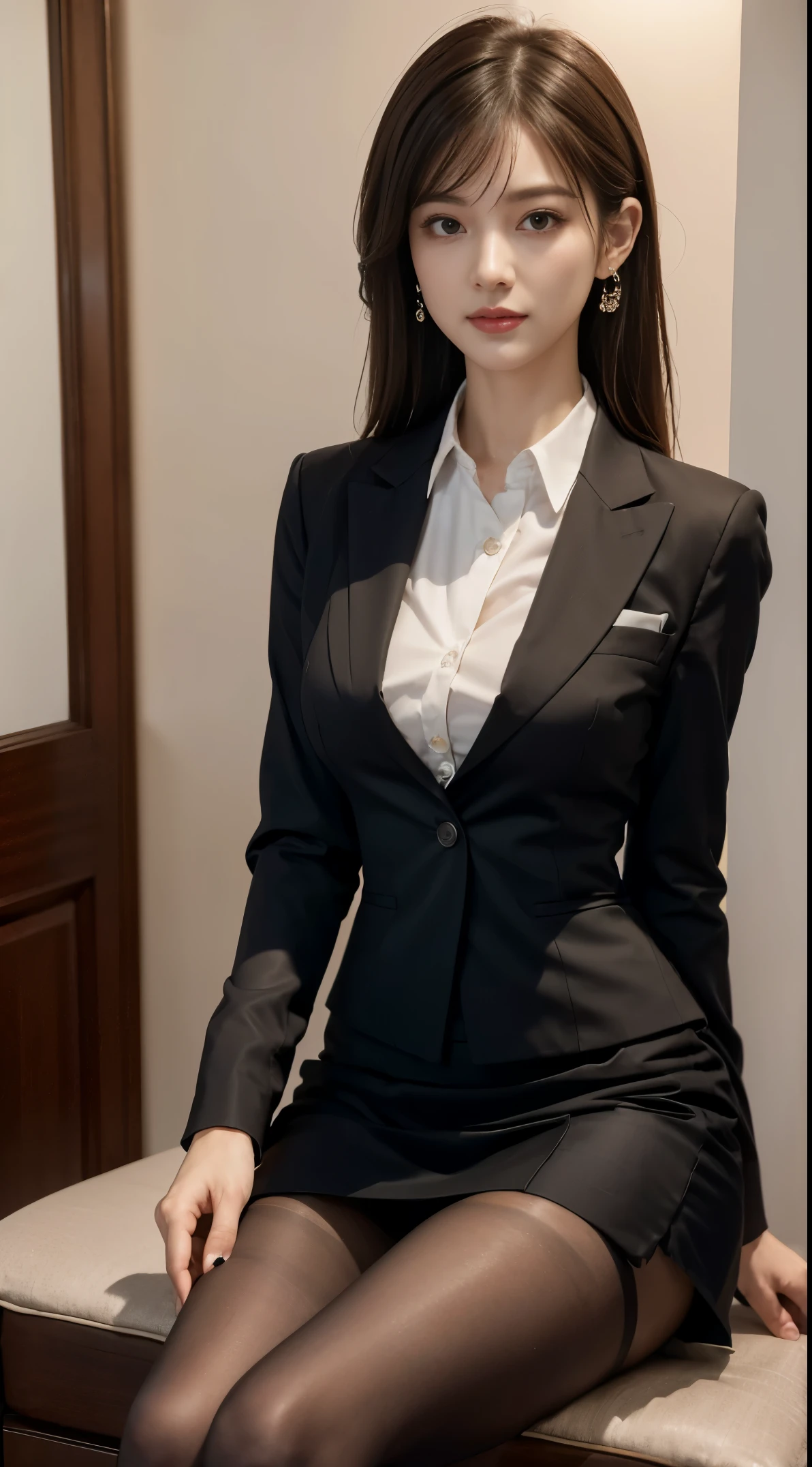 Elegant upper-class elite secretary in a business shirt, working in office、wearing a strict business suit, Wearing pantyhose、Wear high-quality heels、 Girl in a shirt, wearing a suit, wearing a suit, wearing a suit, merchant, business outfit, 검은 wearing a suit, Wear a shirt and skirt., Woman in a suit, business outfit, business outfit, Raw foto, (8K、Top Quality、tmasterpiece:1.2)、(delicate detail:1.4)、(Photorealcitic:1.4)、octan render、Complex 3D rendering, ultra-detail, Studio Soft Light (Studio Soft Light), Rim Light, vibrant details, Super detailing, Realistic Skin Textures, Detail Face, Beautiful detail eyes, Highly detailed CG Unity 16k wallpapers, Makeup-, (Detailed Background:1.2), Naked on the thighs!!!,