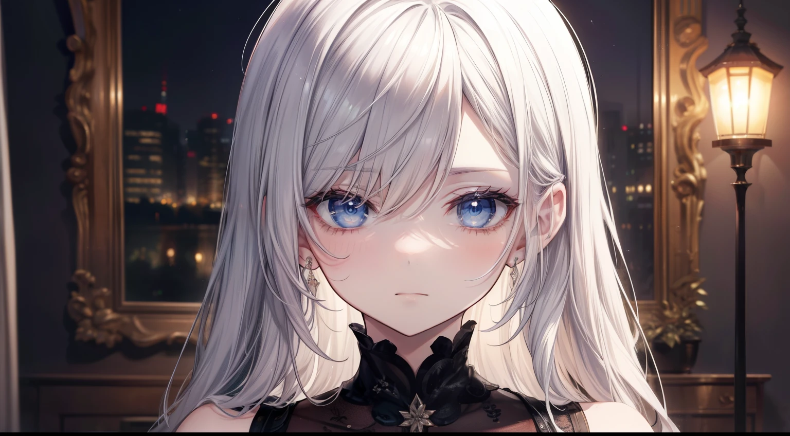 (masutepiece, Best Quality), Intricate details, 8K, Sharp focus quality) (Detailed skin:1.3) (Intricate details) (8K) (Detailed eyes) (Anime) Man's character, Soft hair, Long hair, White hair, Light blue eyes, Man's, Anime Man's, frontage, 素敵なMan's子, Perfect face, Detailed eyes, Bold background, Detailed accessories, Unique costumes, Sharp eyes, Man's, A young man, Idol, dark color, pale skin, Vampire, tusk, Defined features, Model, Gothic, Symbolism, Comfortable clothing, Dark room, Cluttered room, Indoors, Detailed background, Bold colors, bold outline, Sharp face, Nighttime, Night, Pose, Handsome, sleepy, Tired, drooing eyes
