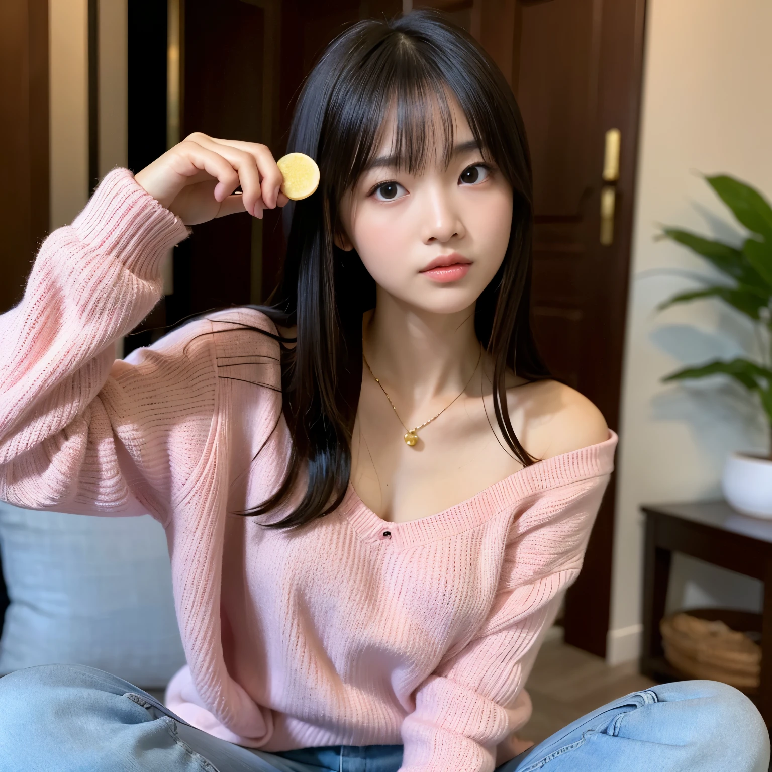 (BEST-QUALITY, MASTERPIECE, ULTRA-HIGH-RESOLUTION, (PHOTOREALISTIC:1.4), RAW-PHOTO, ULTRA DETAILED, PERFECT-ANATOMY), 

at midnight, In living-room, 1girl, 15-years-old, the most popular Japanese idol, sitting, drinking, completely drunk, looking at viewer, detailed pink-sweater, extremely cute face like a Japanese famous idol, (extremely beautiful big-black-eyes, extremely beautiful black-solid-circle-eyes), extremely beautiful and extremely realistic skins