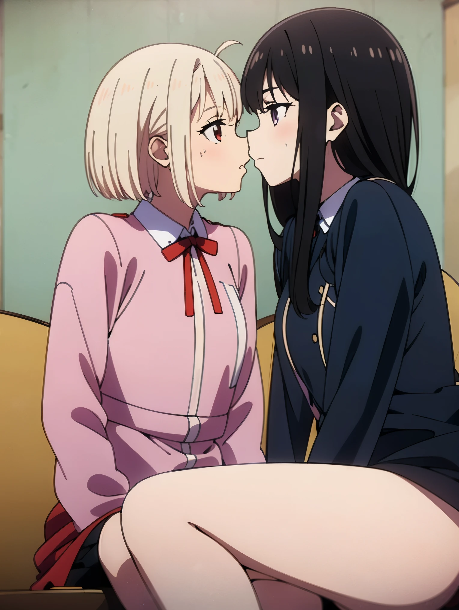 NSFW，(((2girls))),(masutepiece), (Best Quality),lycoris,Chisato+Takina,,Clothed,School uniform ,(((The girl on the right has purple eyes,The girl on the right has long black hair.))), (((The girl on the left has red eyes,The girl on the left has short blonde hair.))),Best proportions, ,kiss