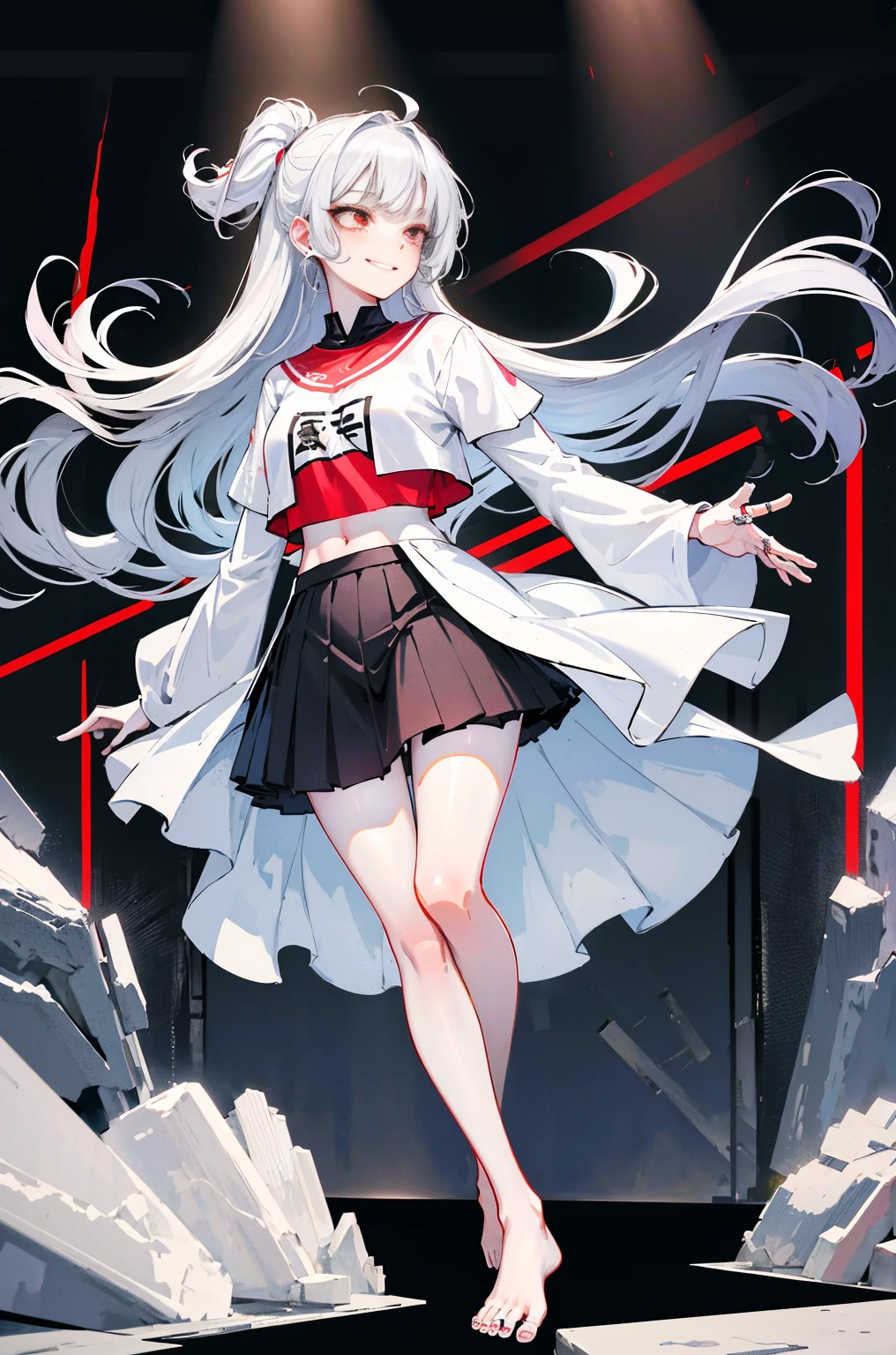 Hyper-Resolution,
(realistically:1.3),
(1 Slim girl), Fashionab女孩, Fashionab,
Young face, red eye makeup,The face is red, (energetic smile),
(Slim) upper legs,
Navel-baring T-shirt), (above the knee skirt),underdressing,
,Fashion show,
be on stage,Audience,Full body photo,Barefoot,emo girl, kawaii, silber hair, Angelic, angel ring, locks,, The white花, The white, pure white, silvery white