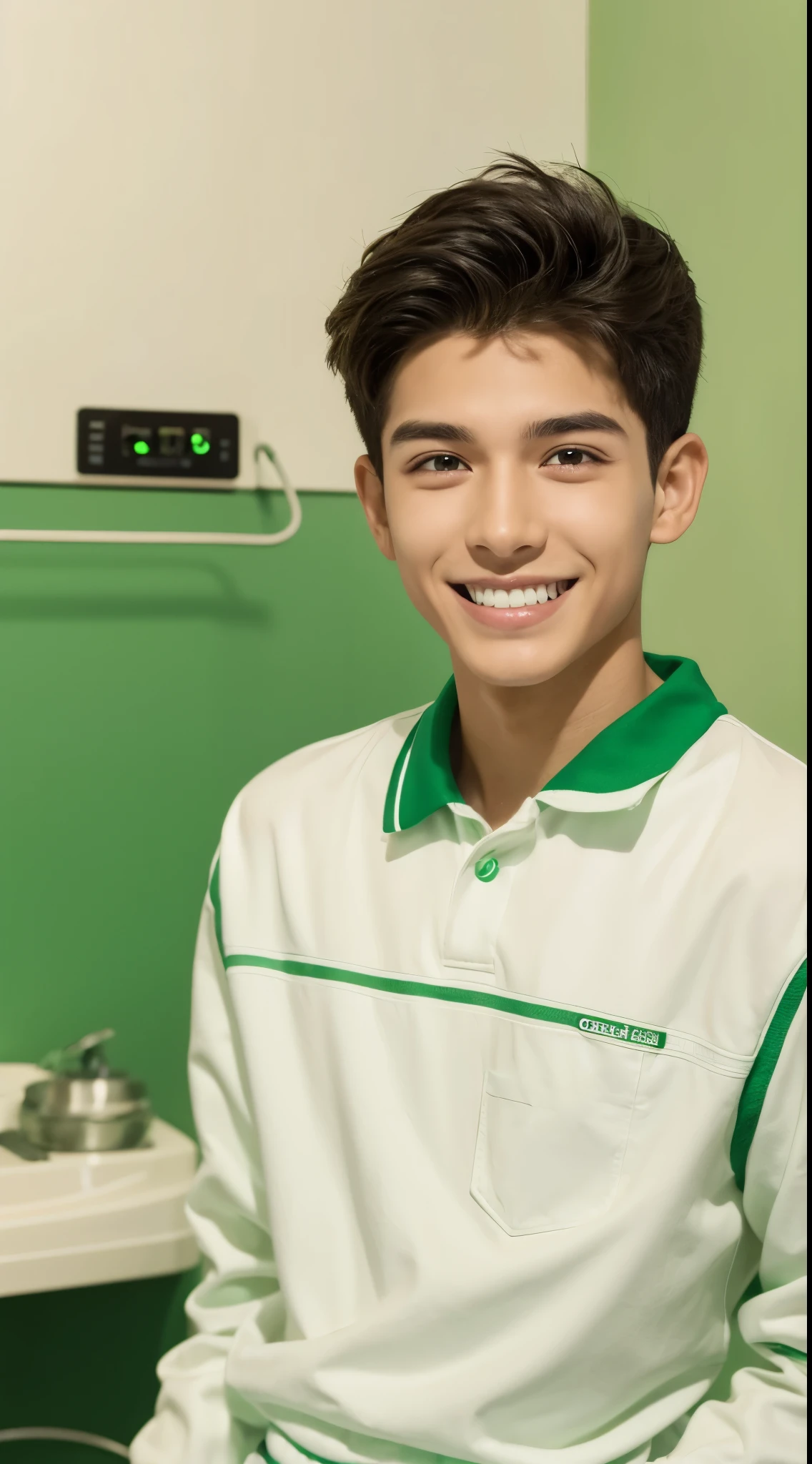 Crie um garoto de , alto, magro, olhos verdes, cabelo liso escuro e curto, branco, sorrindo, with dental appliances